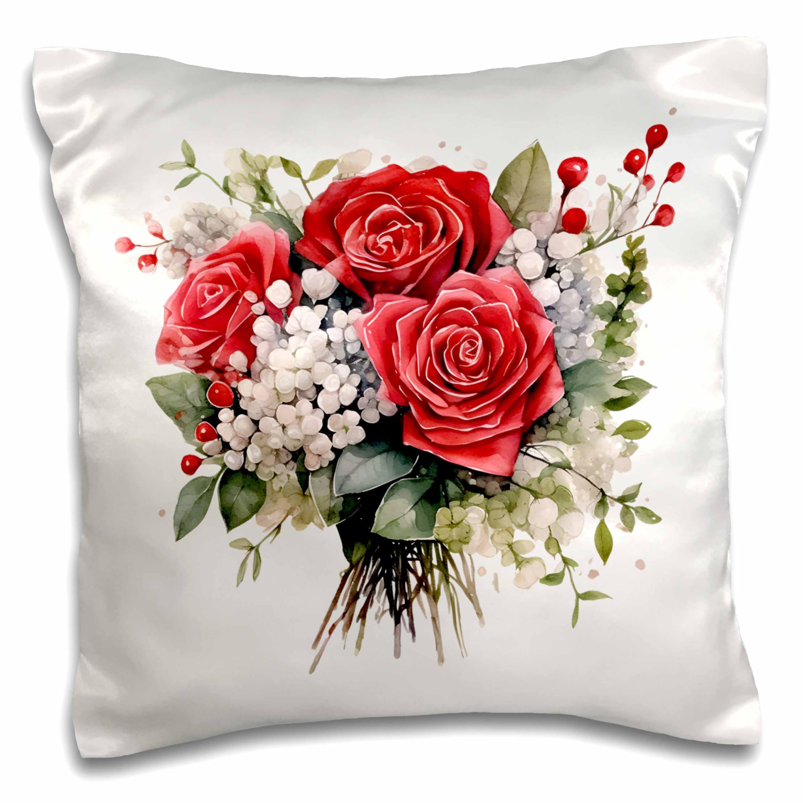 16x16 inch Pillow Case - Pretty Red Roses and Baby Breath Flower Illustration Illustrations
