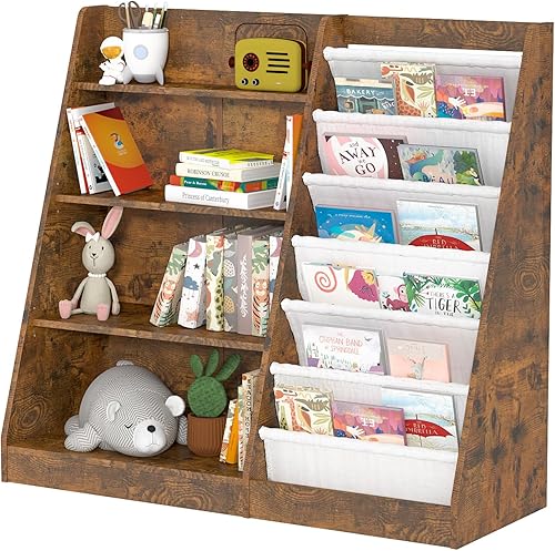 Miniatura 55 de Estantería de madera rosa de 4 niveles para niños, estantería de 5 capas, estante para libros de almacenamiento para bebés, organizador de juguetes