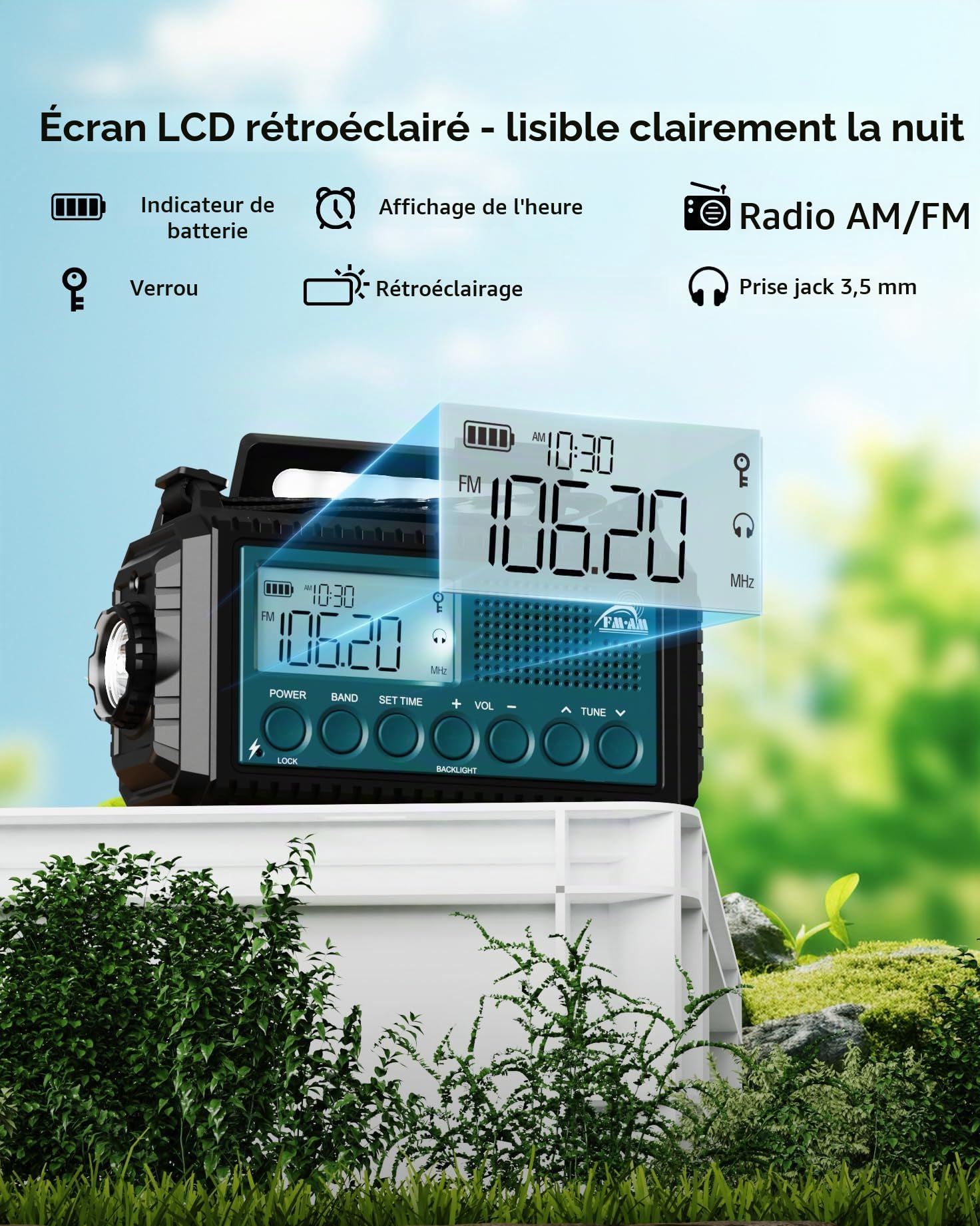 Roxicosly Radio d'urgence à manivelle avec Power Bank 12000 mAh, radio AM/FM/SW, manivelle et radio solaire 5 voies avec récepteur monde, lampe de poche et chargeur, pour extérieur, camping, chantier