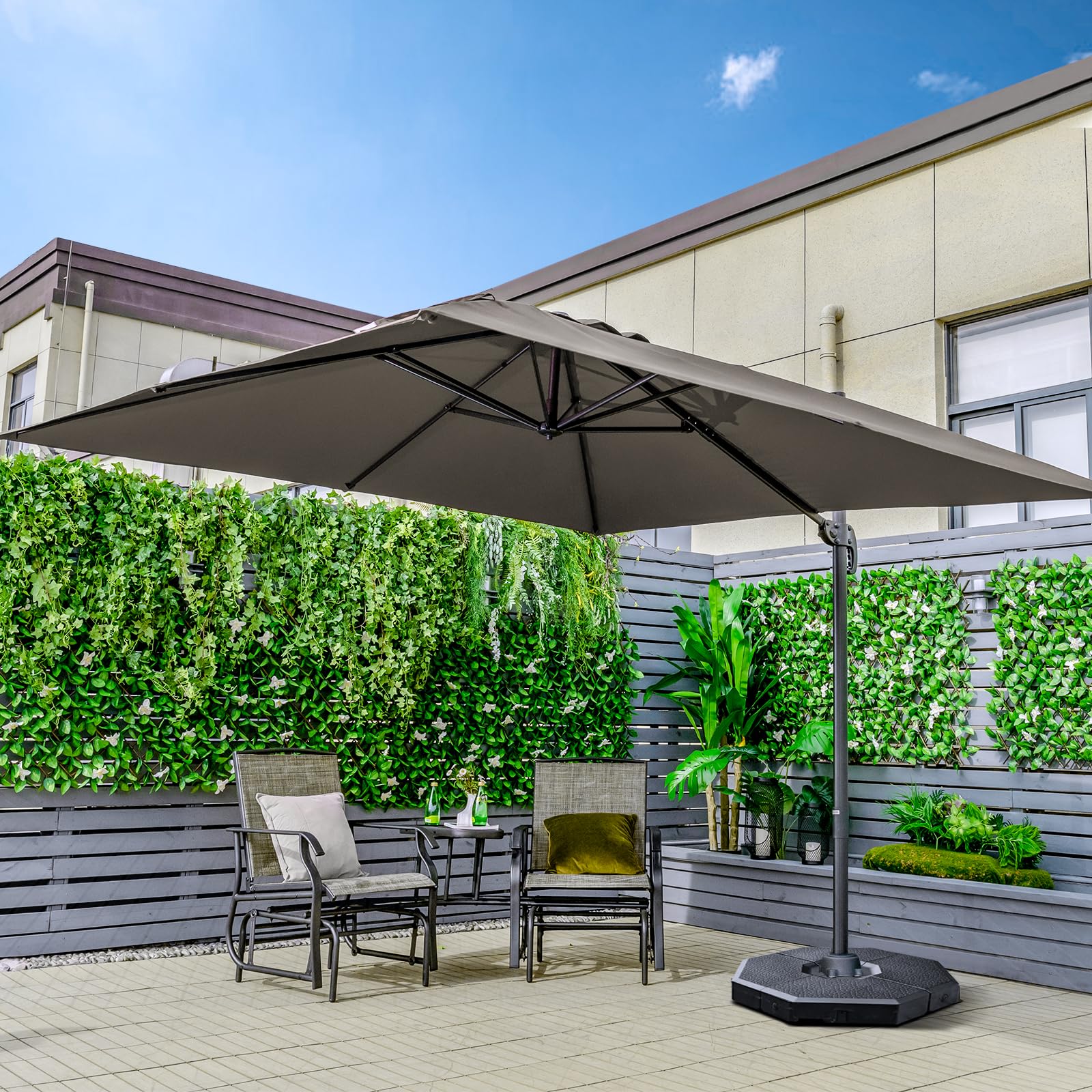 COSTWAY Ombrellone da Giardino 300x300cm 3 Inclinazioni Rotazione 360° Manovella 8 Stecche Base Incrociata Grigio
