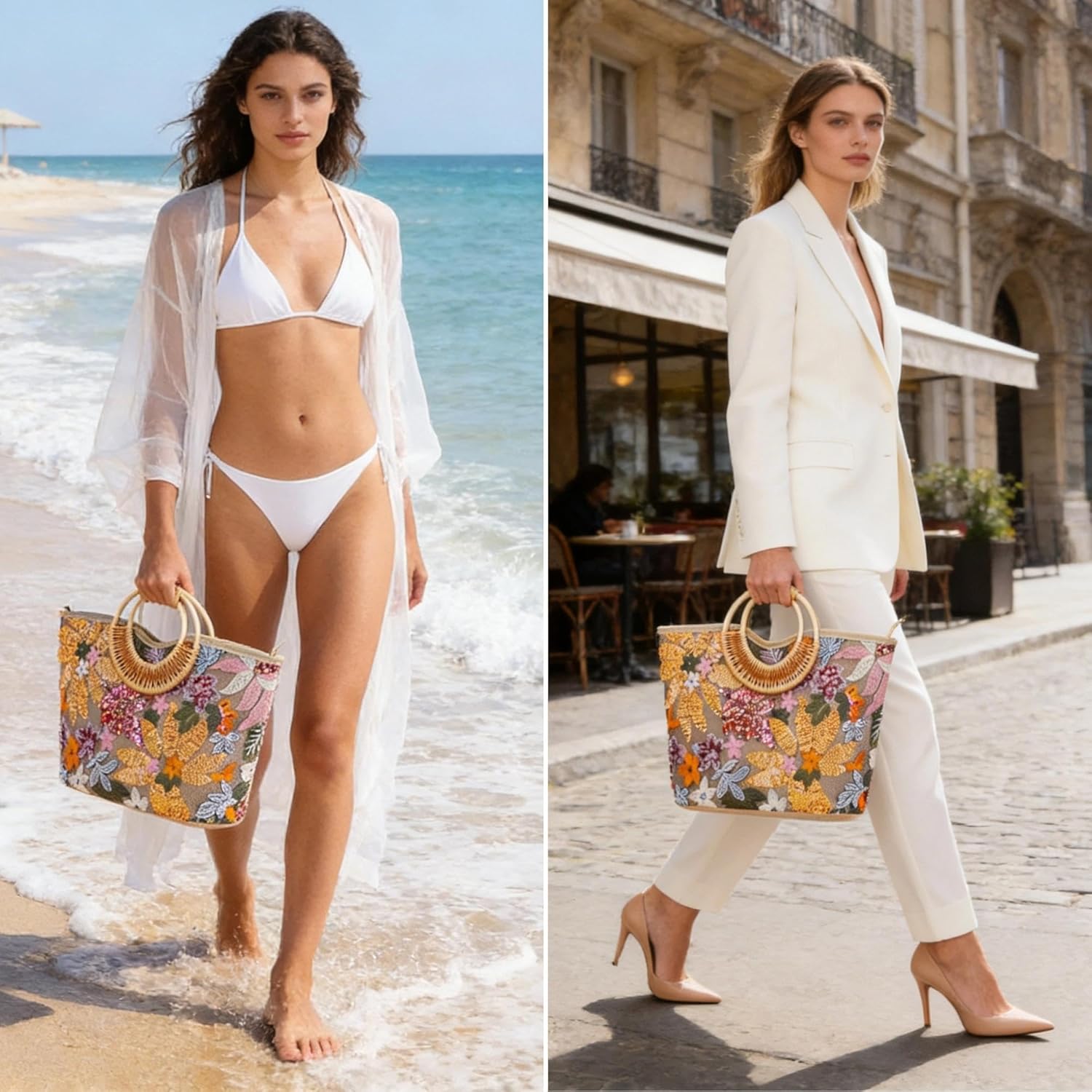 Tote Bag for Women, Beach Bag, Sequin Embroidery Straw Bag, Hand-Woven Rounded Bamboo Handle, Bohemian Handbag Large Capacity Shoulder Bag Suitable for Travel Daily(Orange) - Image 8