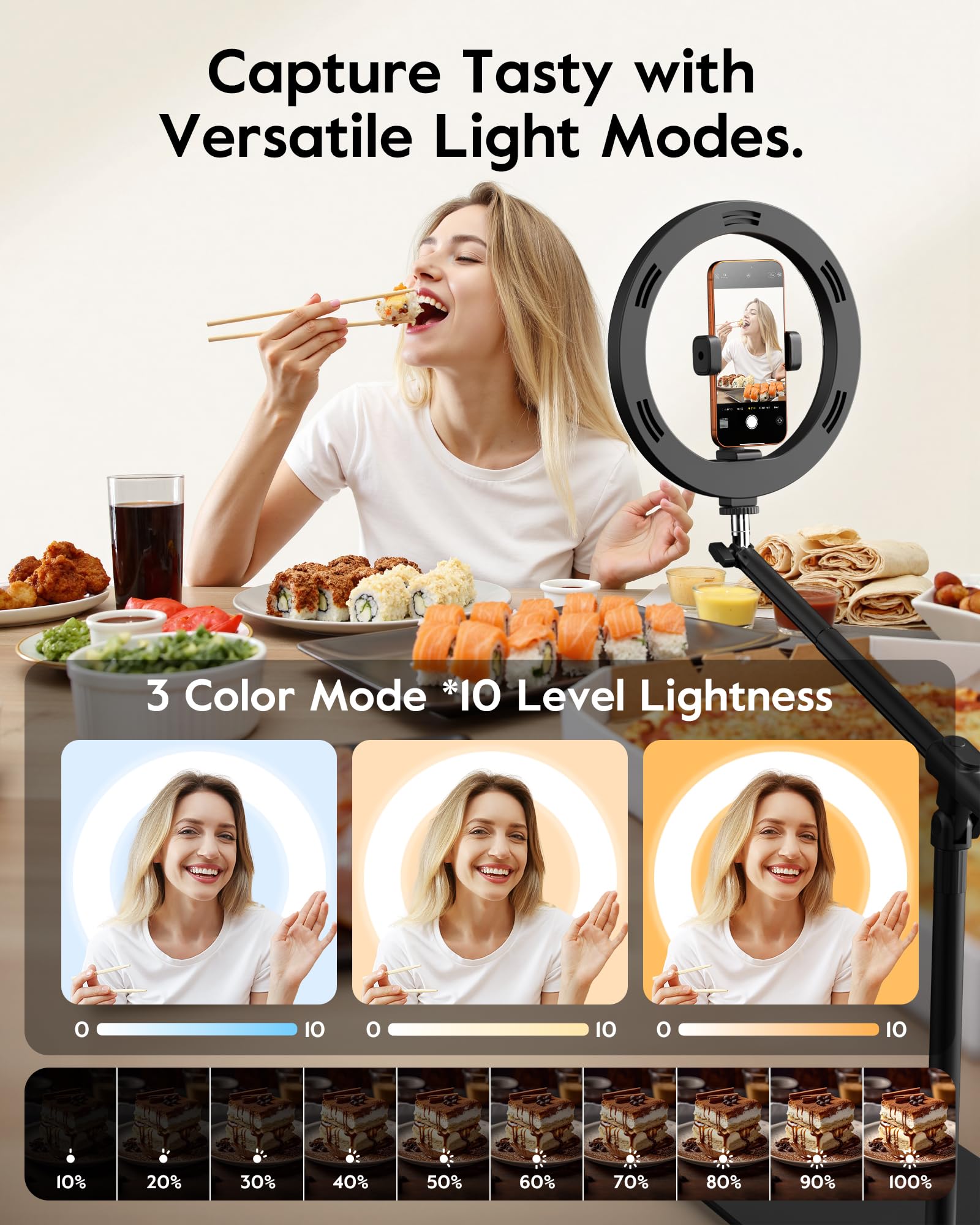 LUXSURE Overhead Treppiede cellulare con luce ad anello per cucina e video alimentari, supporto da tavolo con luce ad anello, anello Light con treppiede per tavolo | anello luce ad anello per cucina e