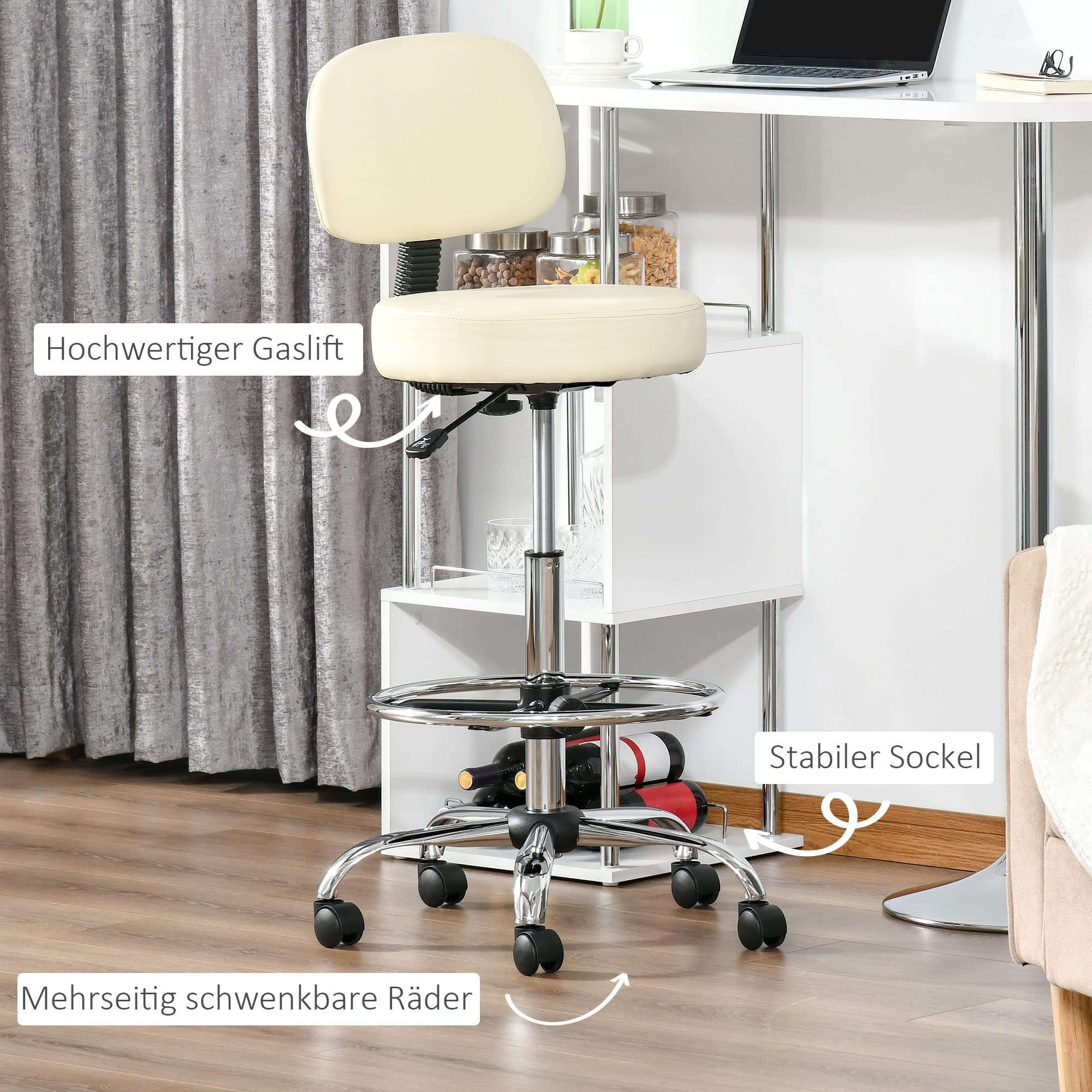 HOMCOM Barhocker Gepolstert Metallgestell Lehne Höhenverstellbar Beige