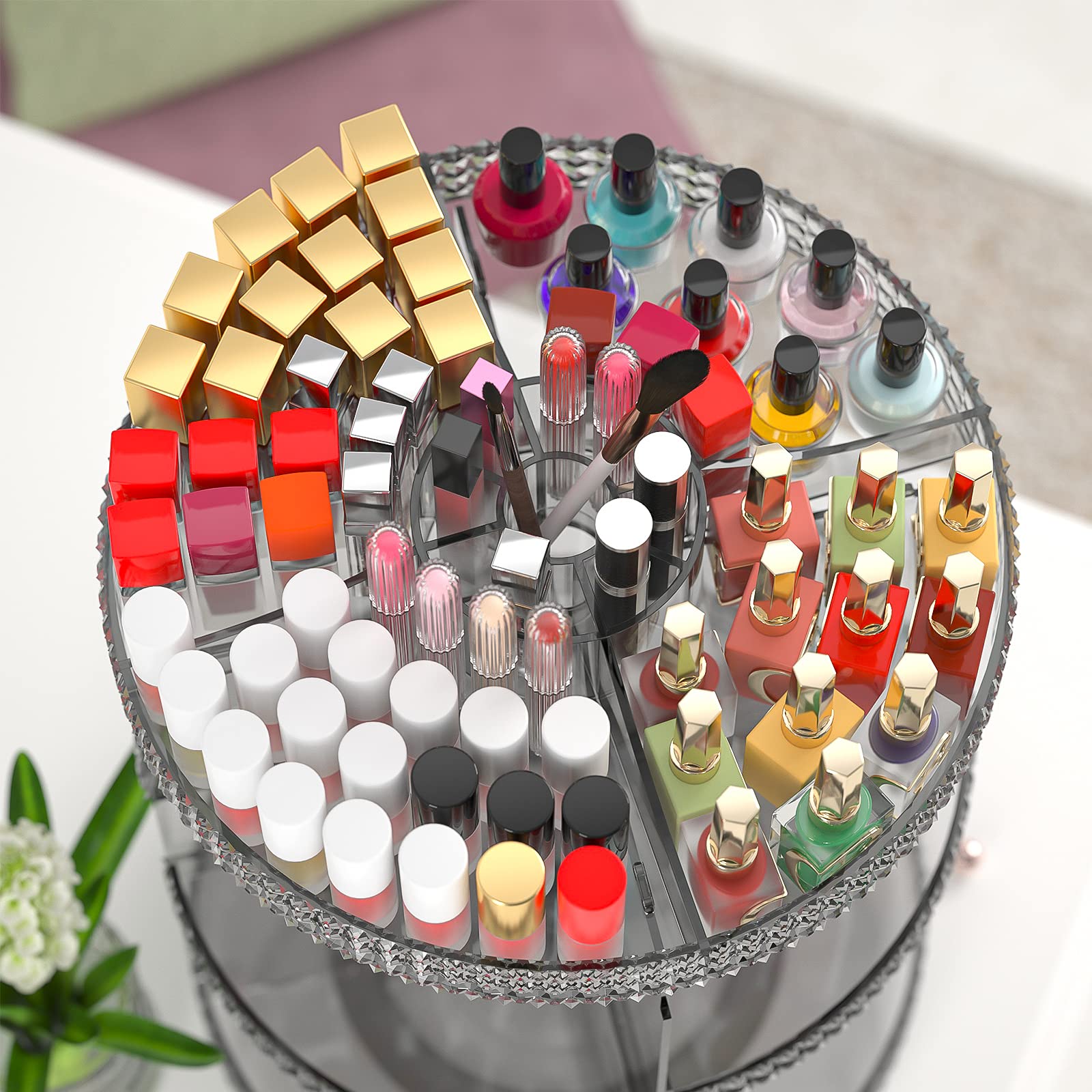 Organiseur de maquillage rotatif en acrylique, rond, 7 couches, grande capacité, convient aux pinceaux de maquillage, rouges à lèvres, salle de bain, coiffeuse, gris