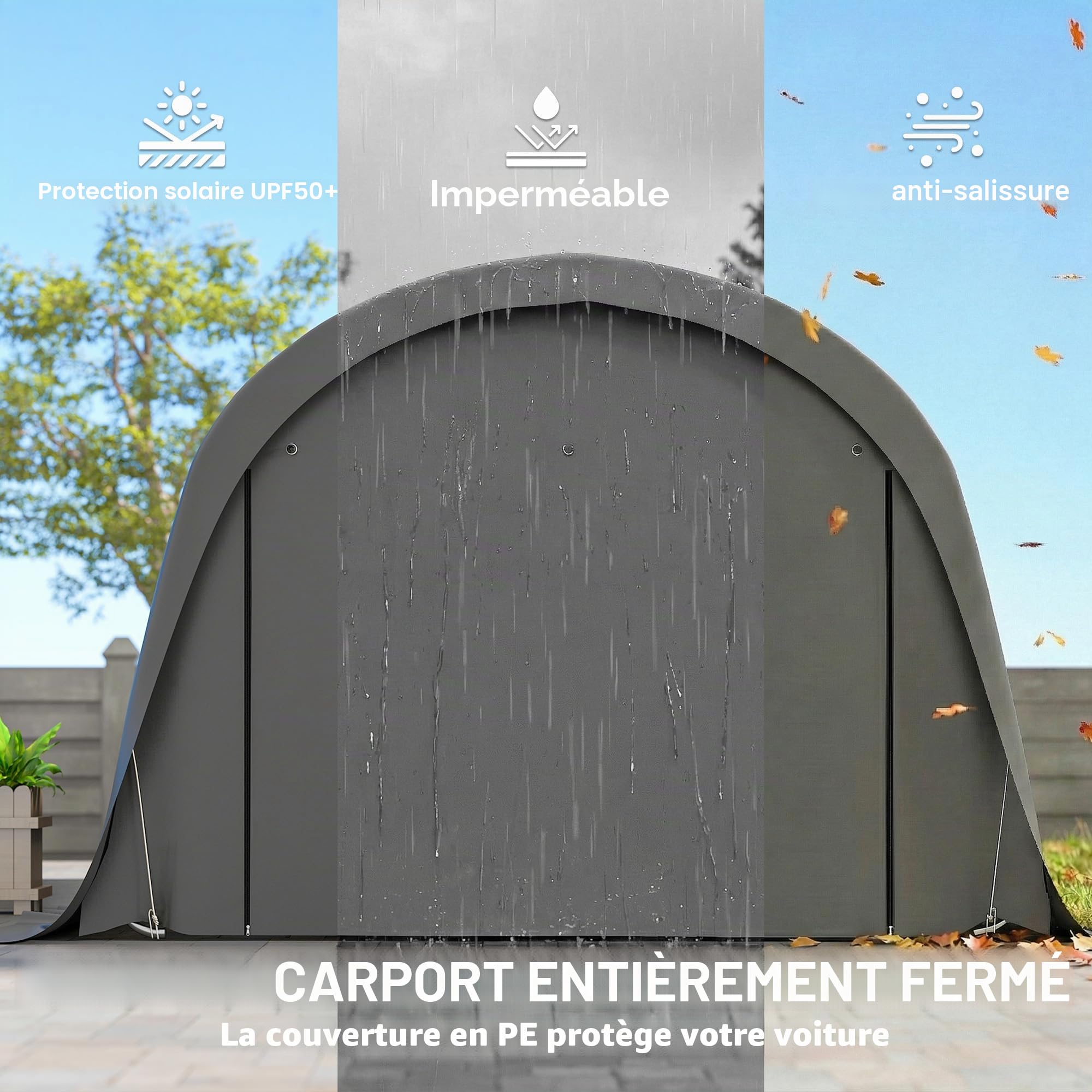 Outsunny Carport, tente, 3 x 6 m, étanche, avec parois latérales amovibles, grand toit arqué, UPF50+, résistante à l'hiver, résistante aux UV, pour voiture, SUV, bateau, gris foncé