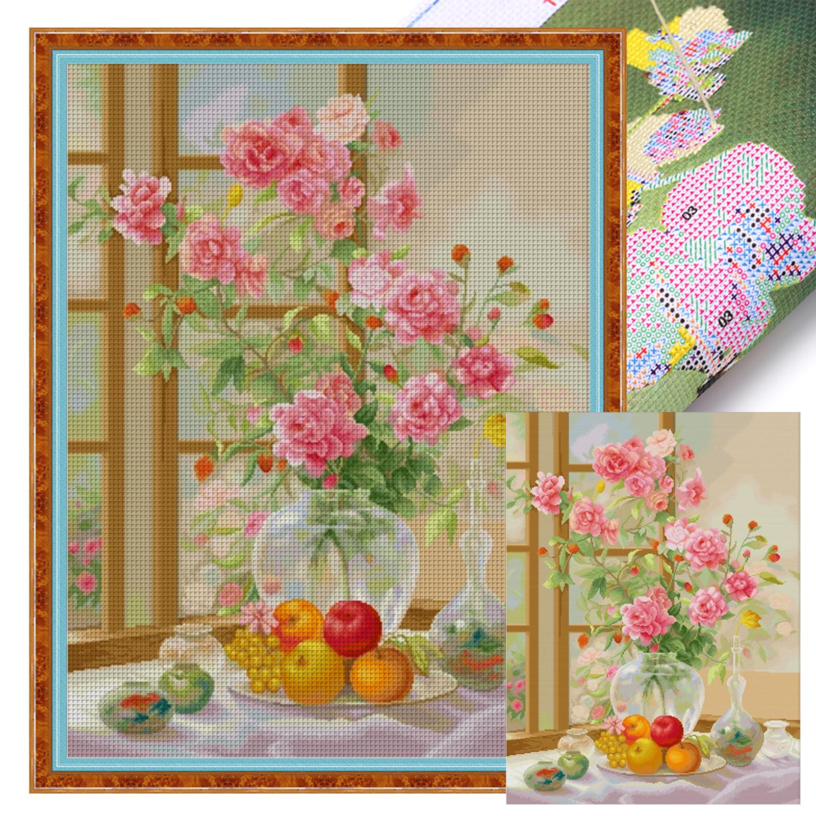 POETRYDRAW Flowers Full 11CT Egyptian Cotton DIY Stamped Needlework Embroidery Kit for Beginners Adults Home Decor Embroidery Needlepoint Starter Kits Large Size 29.25x37.05inch
