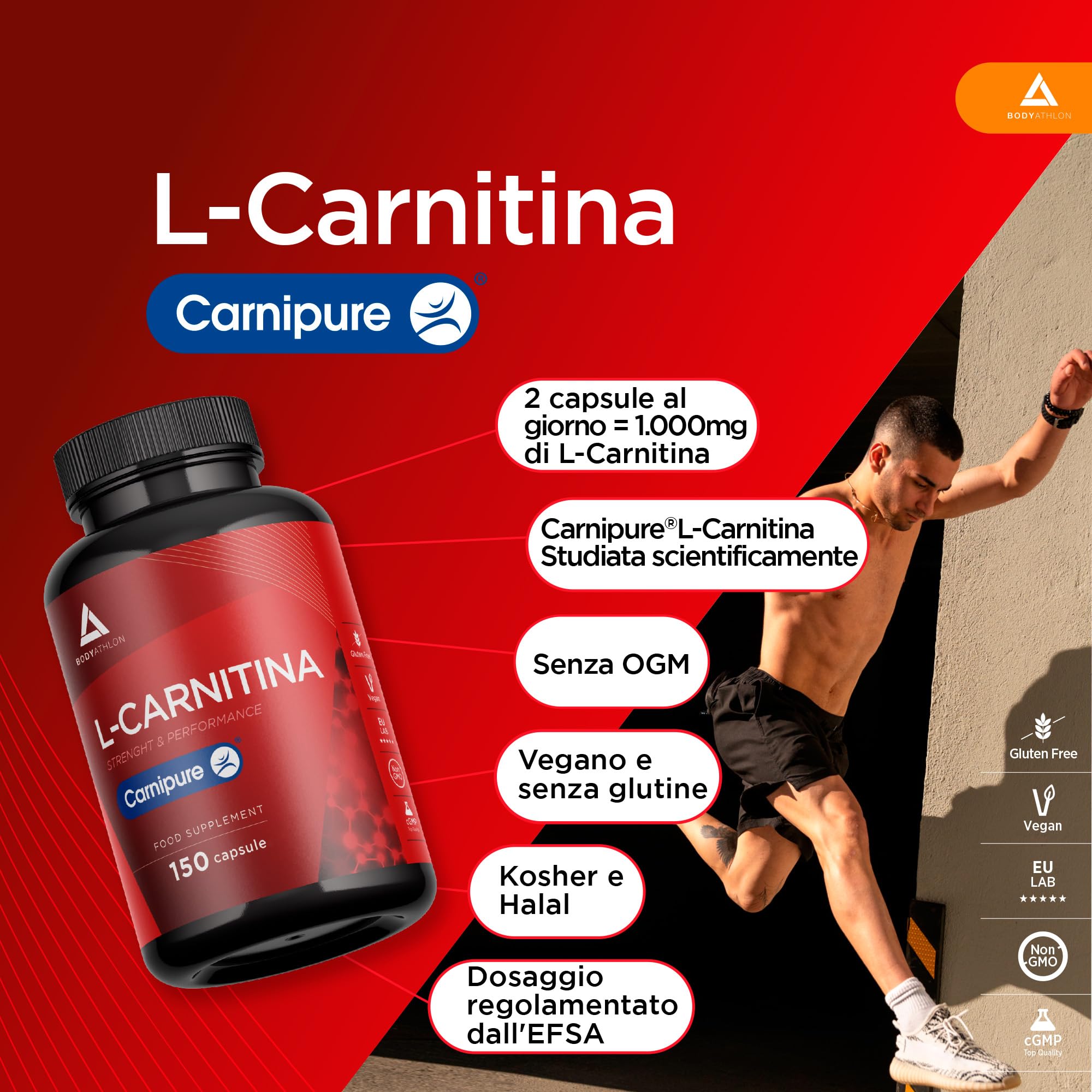 L Carnitina Carnipure 150 capsule 3 mesi- 100% L-Carnitina Tartrato Carnipure ®- Aumento di energia e resistenza, Migliora le prestazioni e il recupero– L-Carnitina Tartrato 1000mg- Vegano- Bodyathlon