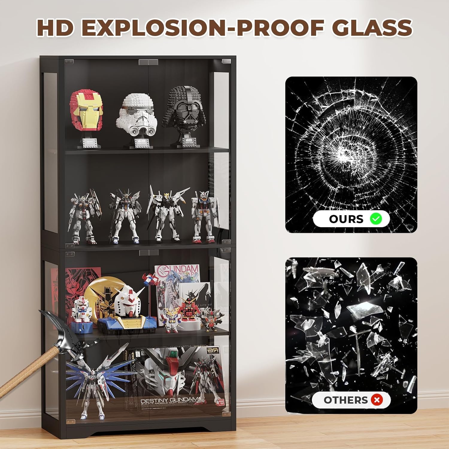 BROTTAR Beleuchtete Glasvitrine mit LED Sensor, moderner Vitrinenschrank & Standvitrine, 4 Etagen Sicherheitsglas Vitrine für Lego, Figuren und Sammlungen, Schwarz