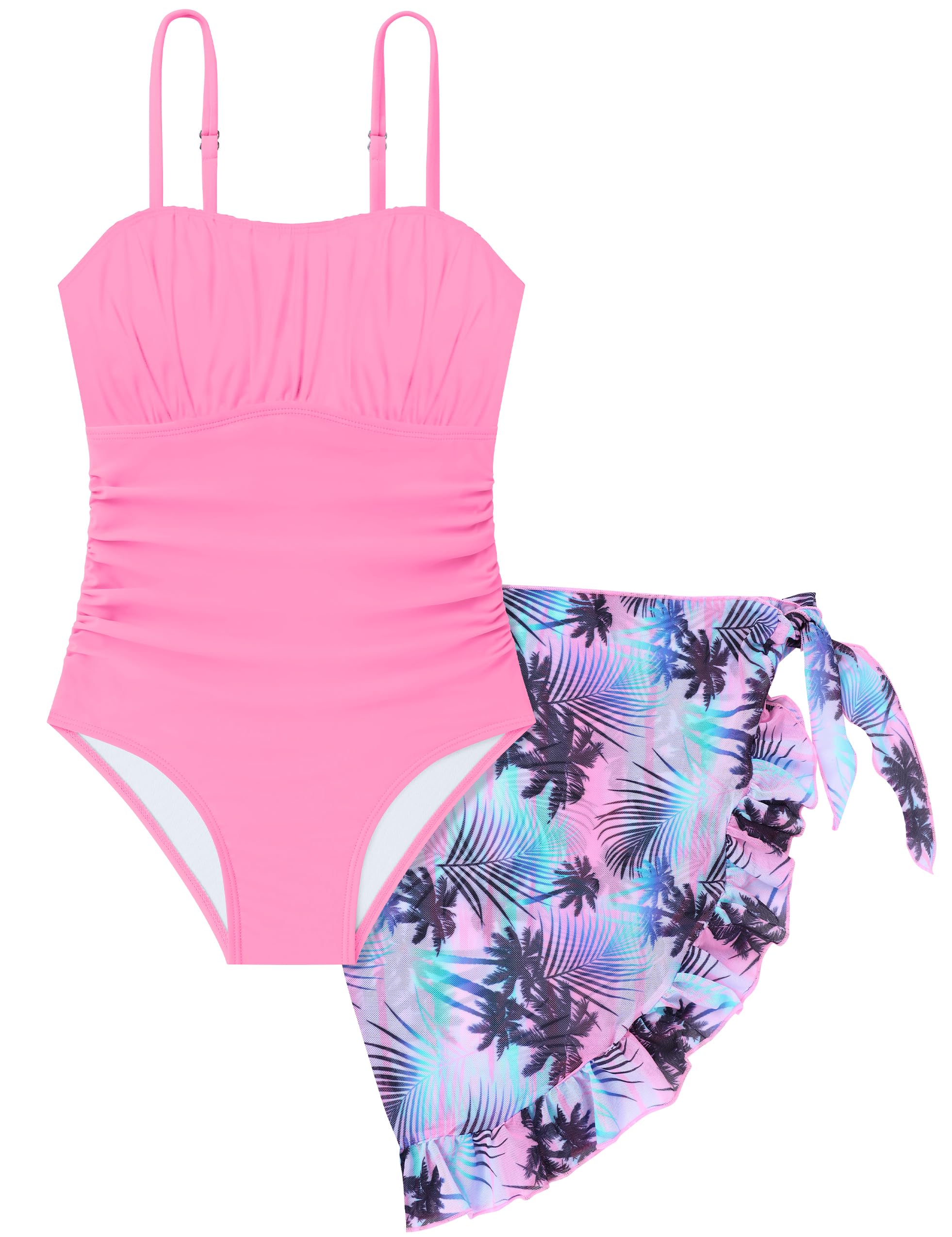 Girls Swimsuit One Piece Swimwear Top with Tropical Print Cover Up Skirt Girls Bathing Suit 6-16 Years