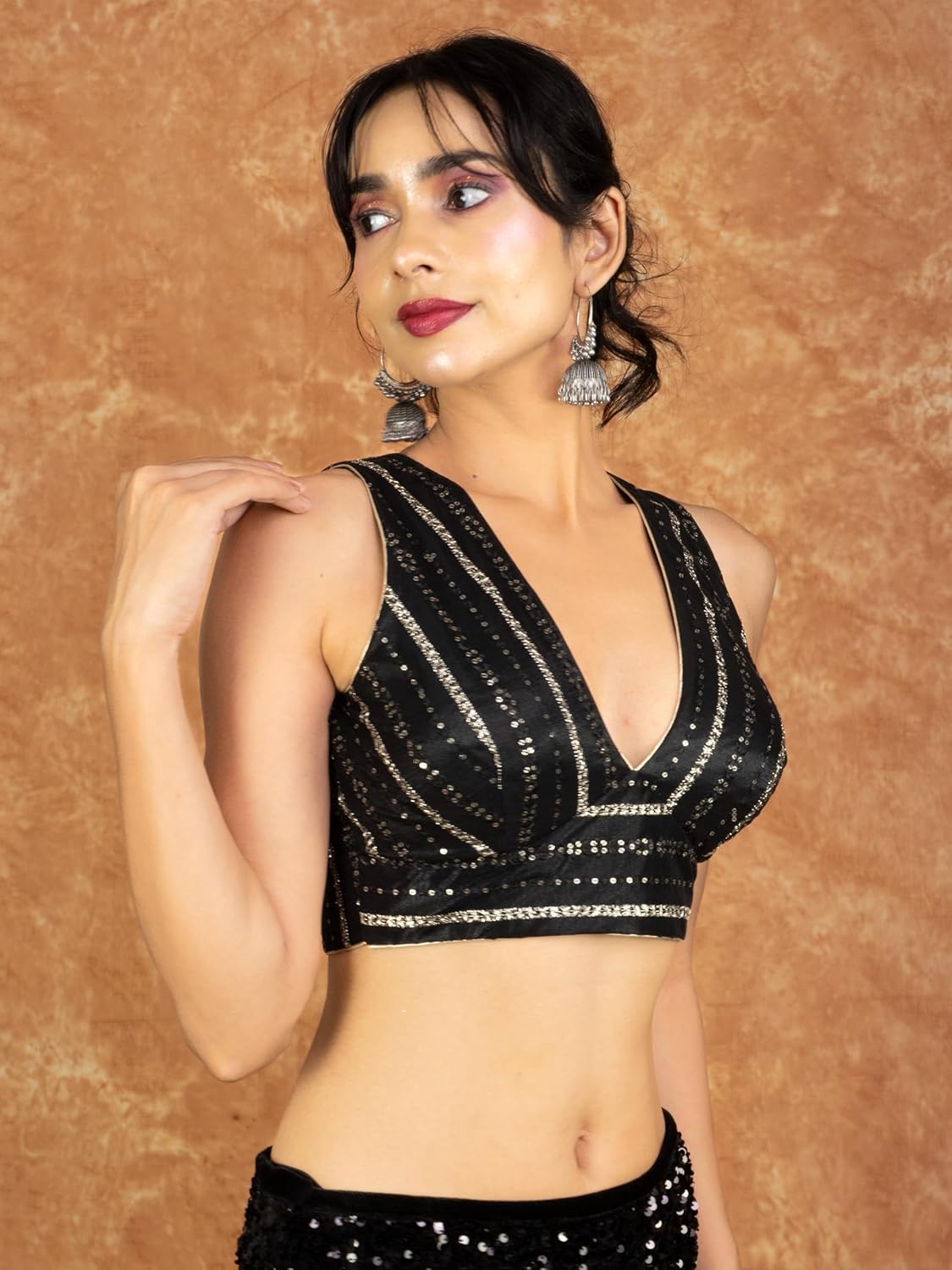 FIGURE'S DESIGNER Women's Sequin Embroidered SabyaSachi Cut V Neck Sleeveless Readymade Saree Blouse E24