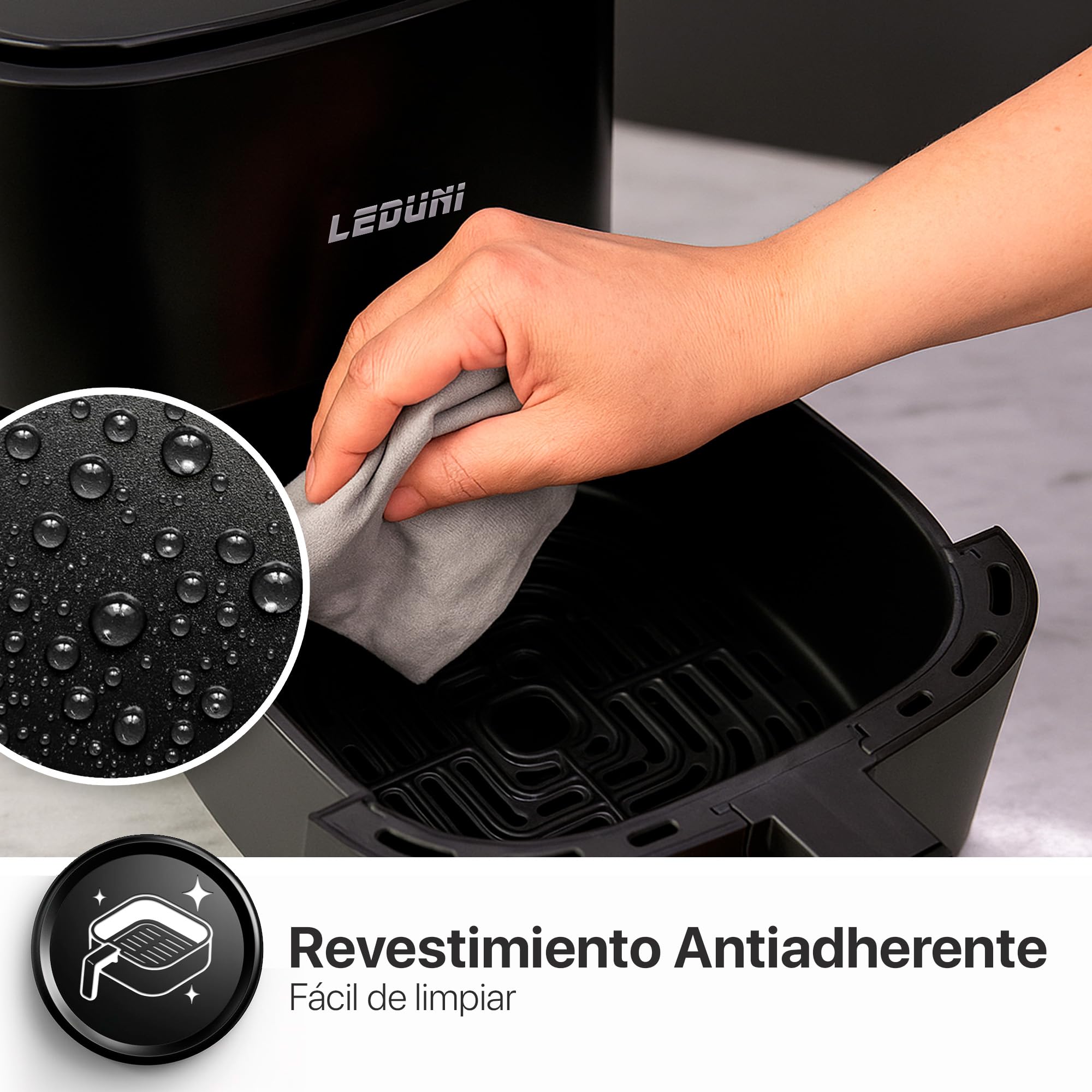 Leduni Freidora de Aire sin Aceite 6L de capacidad 1700 W, Uso Sencillo, Panel Táctil Air Fryer,Temperatura Regulable 80-200°C, ahorro energético hasta 70% (Negro 6L)