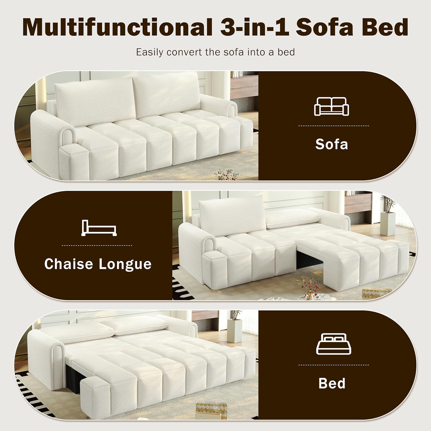 90.2" Futon Sofa Bed King, 3-in-1 Teddy Convertible L-Shaped Sofa, Upholstered Loveseat Couches, Pull Out Couch Bed Small Spaces, Deep Seat, Storage for Apartment, Living Room, Beige