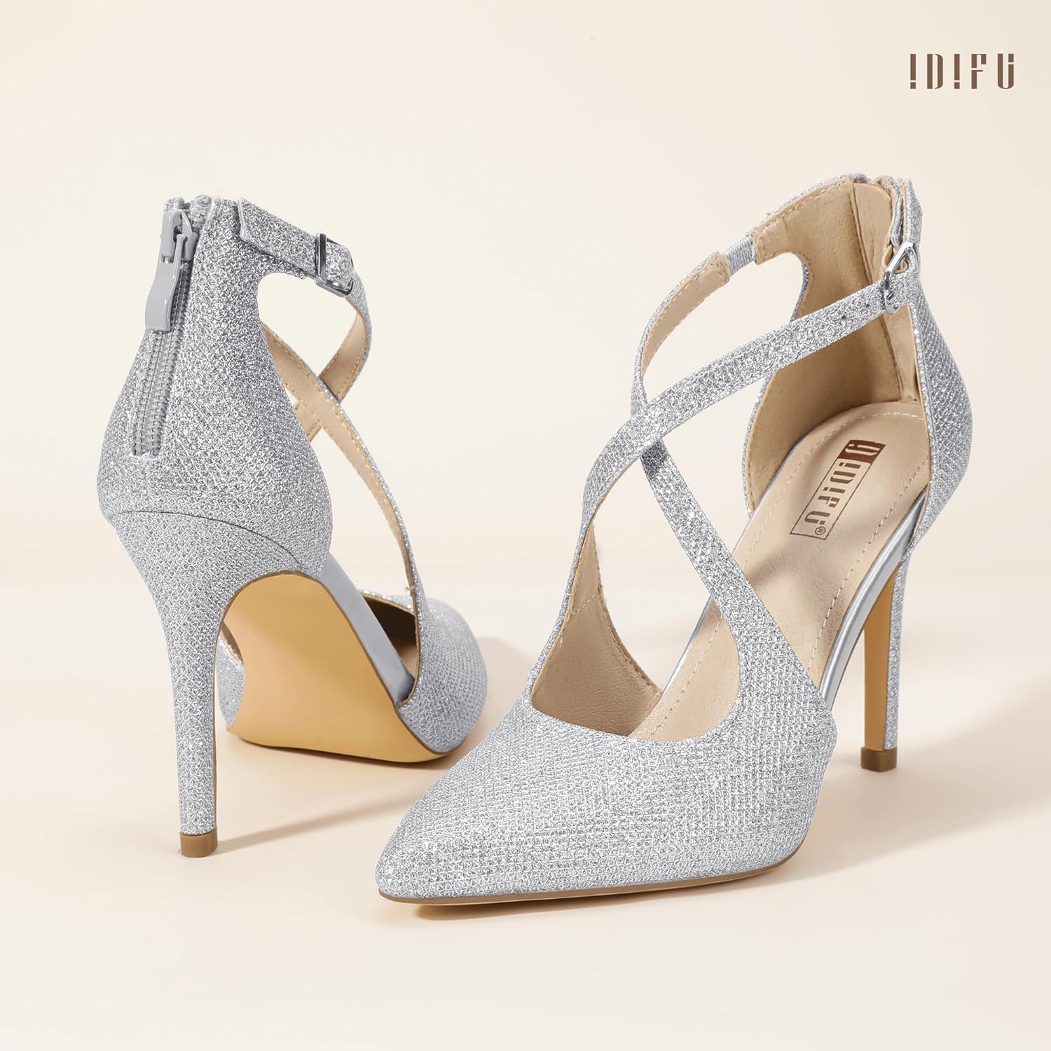 IDIFU IN4 Women's Pumps Closed Toe Stiletto Heels Strappy Wedding Bridal Office Homecoming Work Prom Dress Shoes Bride Comfortable Dressy Formal Pointed Toe Zip - Image 5