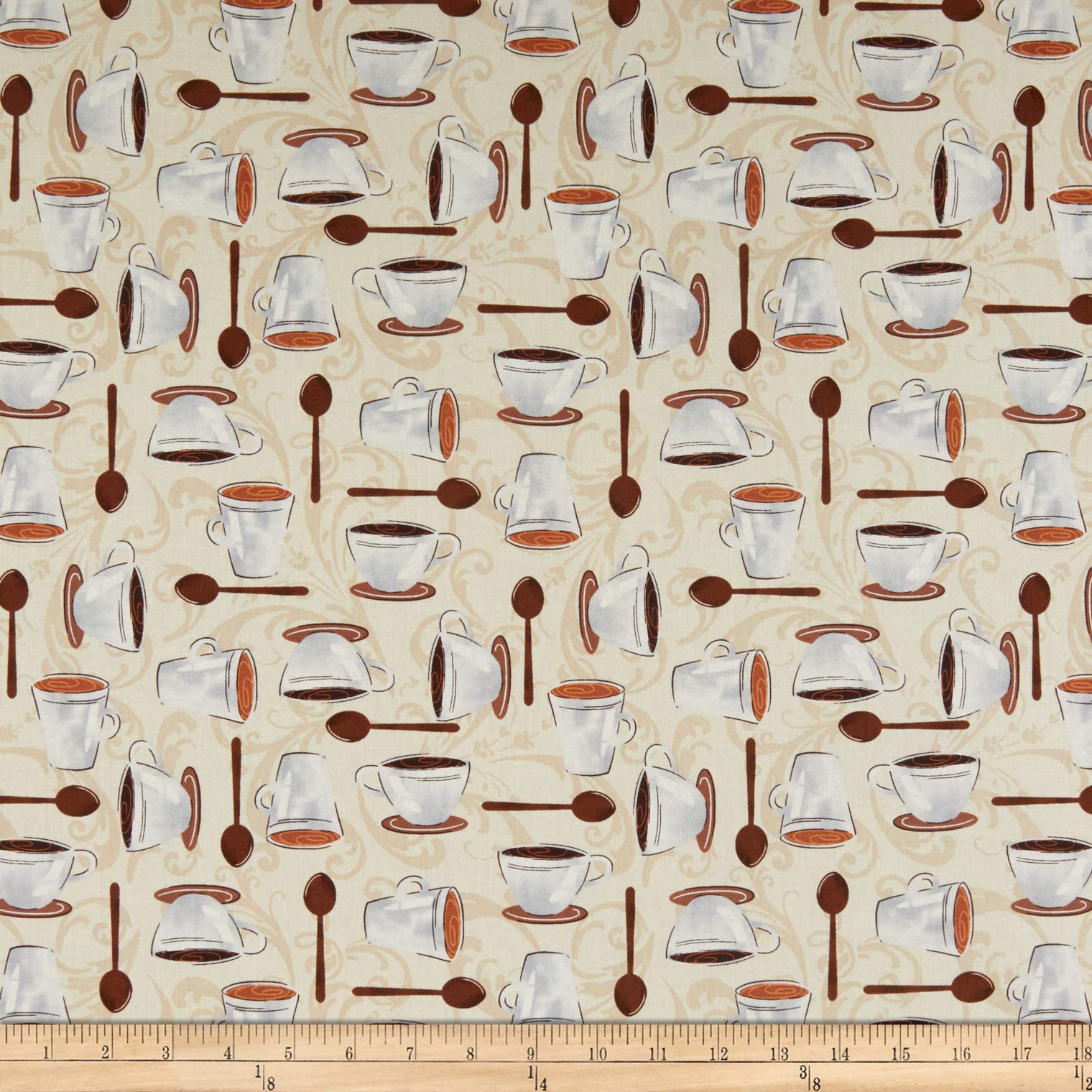 Whistler Studios Dark Roast Cups On Scroll Latte Quilt Fabric