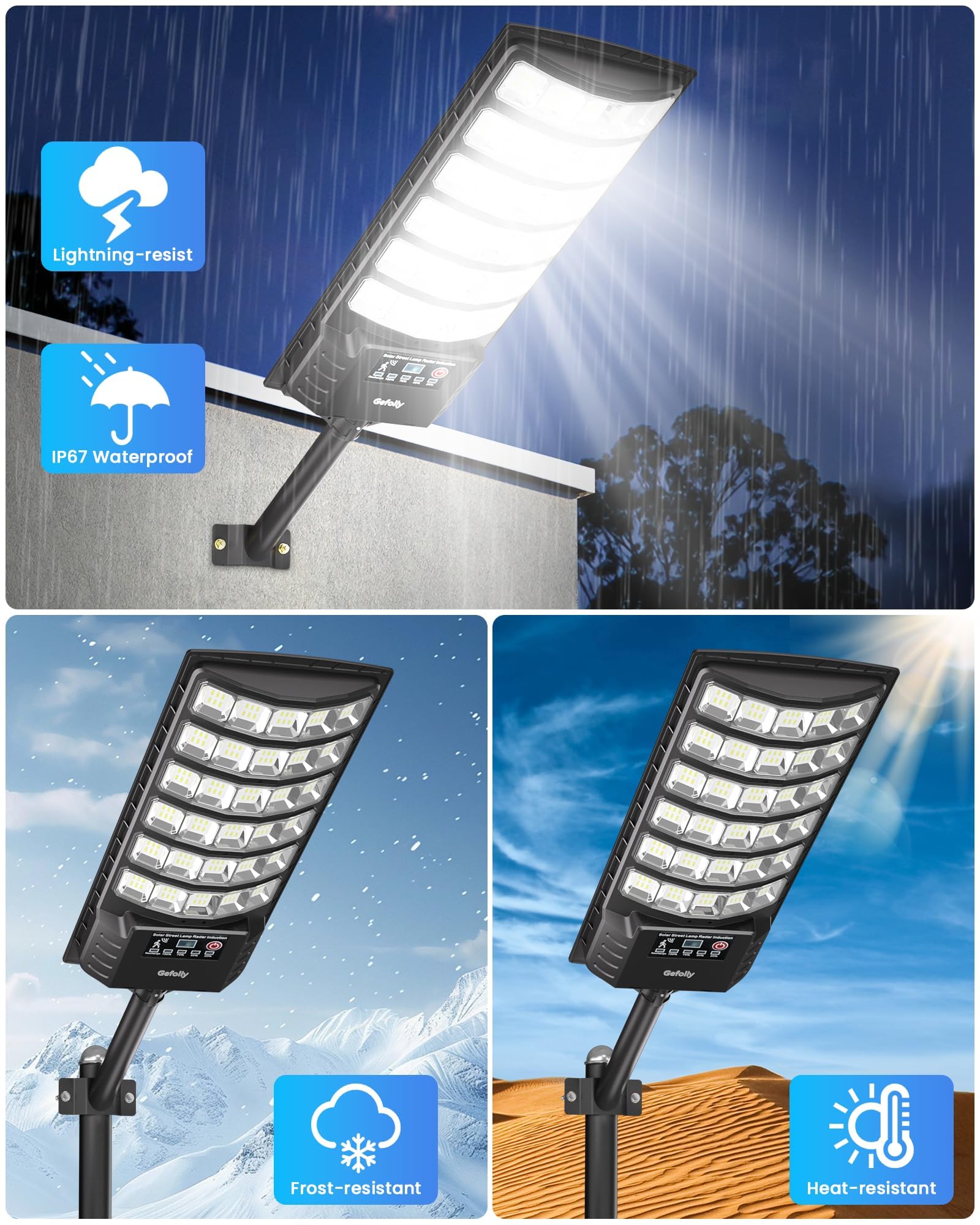 Gefolly Solar Straßenlaterne mit Fernbedienung, IP67 Wasserdichte Solarlampen für Außen mit Bewegungssensor, 6500K Solarleuchten Superhelles LED Solar Strahler Außen für Gärten Garage Straßen-2Pack