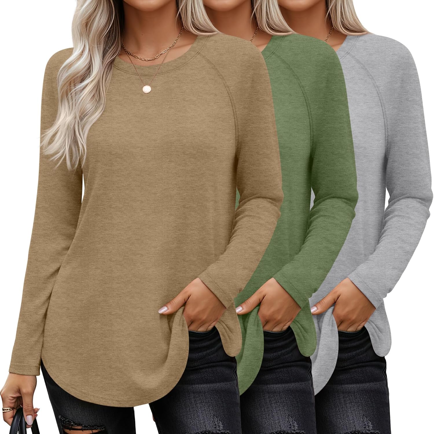Ficerd 3 Pack Women's Long Sleeve T-Shirts Crew Neck Raglan Sleeve Casual Loose Fit Shirts Side Split Curved Hem Tunic Tops