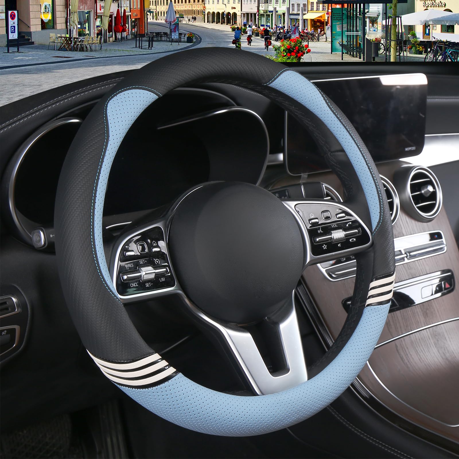 Binsheo Cute Bear Ears Steering Wheel Cover Black and Blue