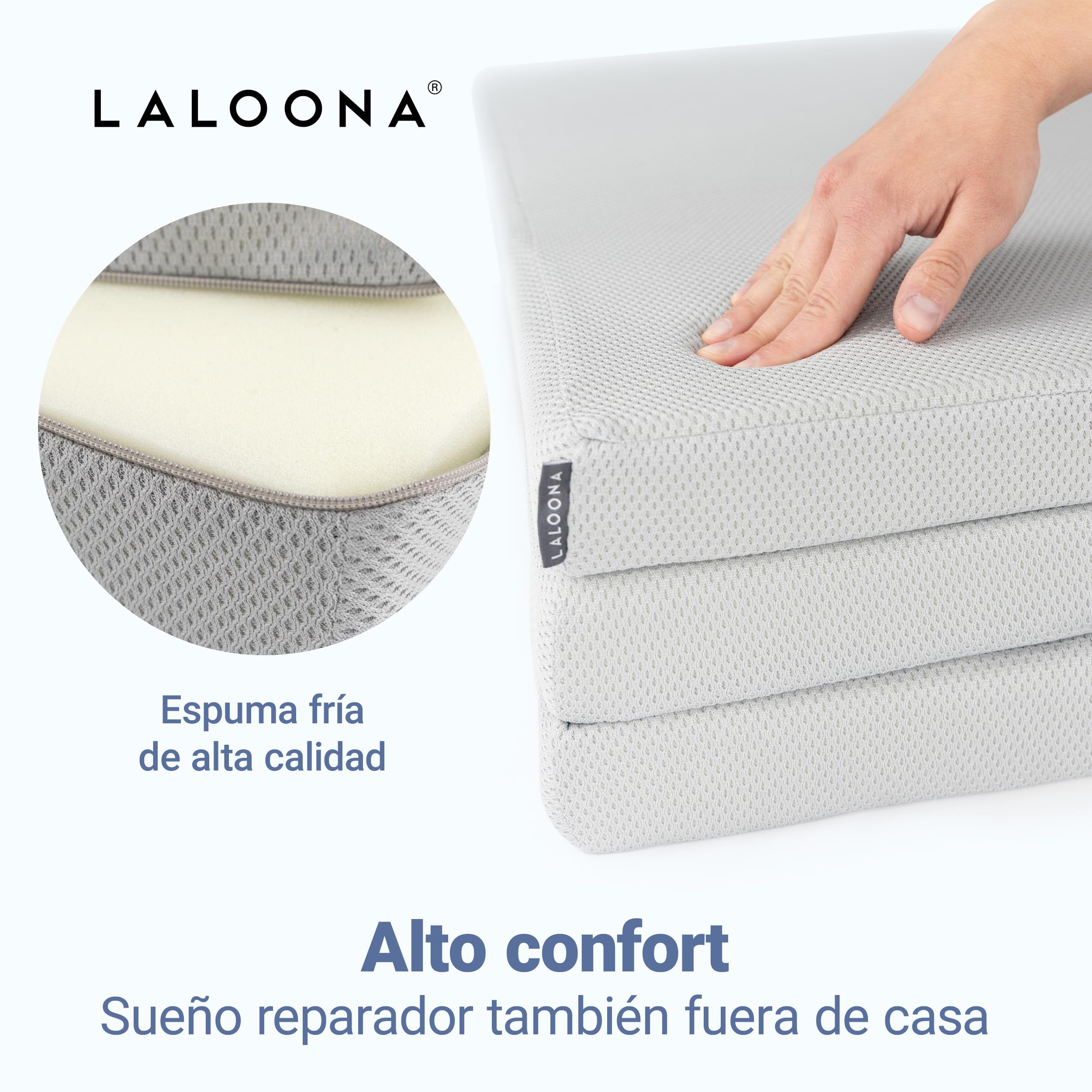 LaLoona Colchon Cuna 60x120 cm de Viaje Portátil | Apto para Parque Infantil - 5 cm Grosor – Plegable con Funda Extraíble - Bolsa de Transporte - Transpirable - Lavable - Certificado Oeko-Tex - Gris
