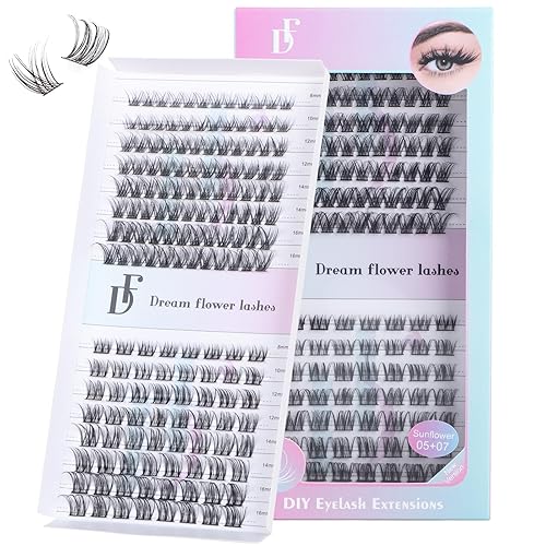 Extensiones de pestañas rizadas en racimo D, MIX8-0.630 in, racimos de pestañas naturales, banda delgada y pestañas individuales suaves (Girasol