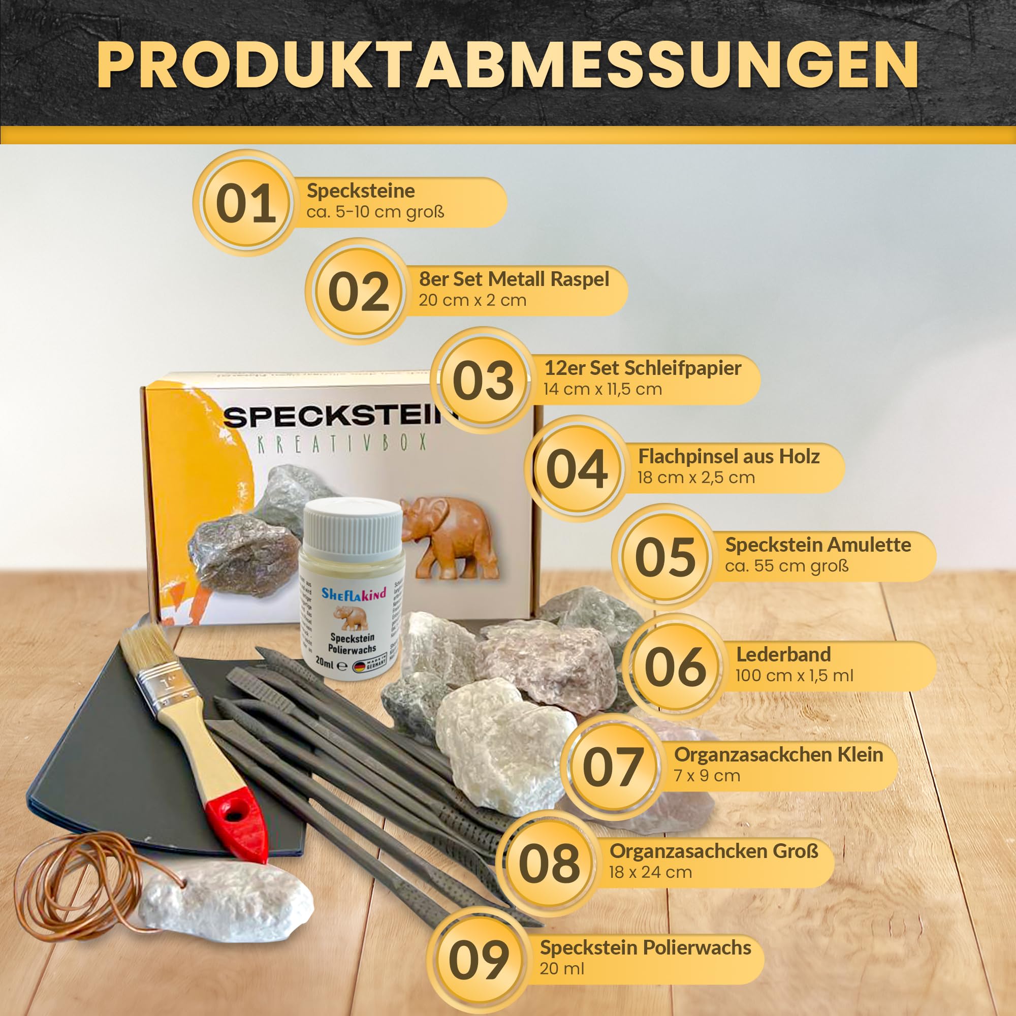 Sheflajor Speckstein-Set inkl. Polierwachs [Made in Germany] / Kreatives Bastelset für Kinder ab 7 Jahren, Mädchen, Jungen & Erwachsene/Fördert Konzentration & Stressabbau