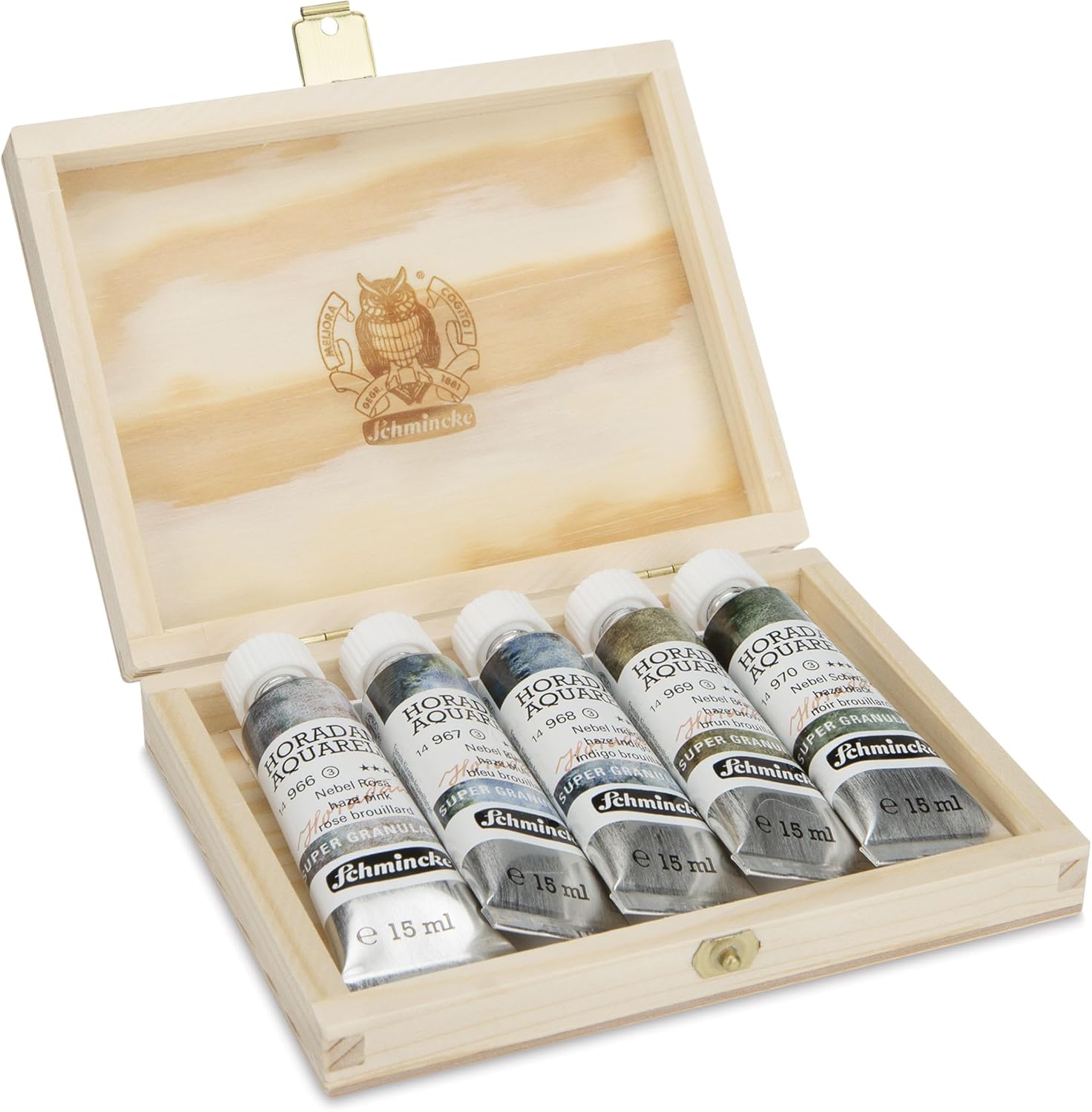 Schmincke - HORADAM® AQUARELL, Super Granulation Set Haze, 5 x 15 ml tubes, 74 885 097, wooden set, very strong granulating colours, finest, super granulating watercolours