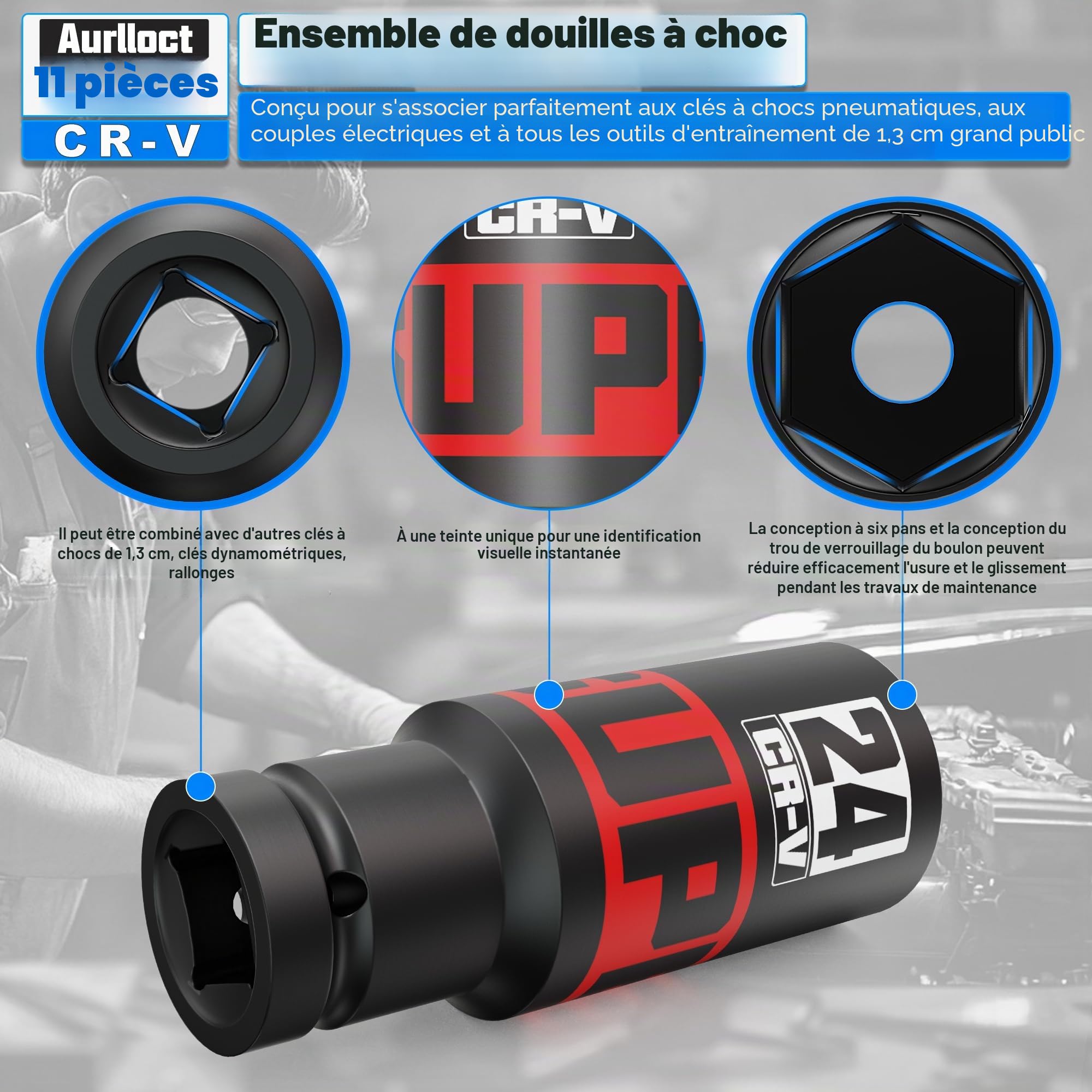 Lot de 11 Douilles à Choc Profondes 1/2", 10-24mm Métrique Clé Jeu de Douille à Impact, Avec Adaptateur de Douille 1/4" à 1/2", Automobile et Le Remplacement des Pneus