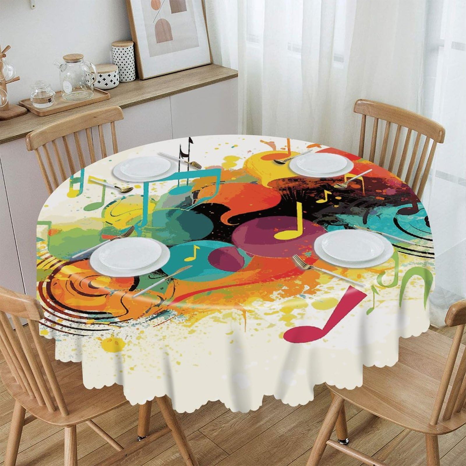 VstaDank Abstract Music Themed Round Tablecloth 60 Inch Easy to Clean Circle Table Cover Thick Decorative Round Polyester Table Cloth for Dining Kitchen Party Farmhouse Outdoor