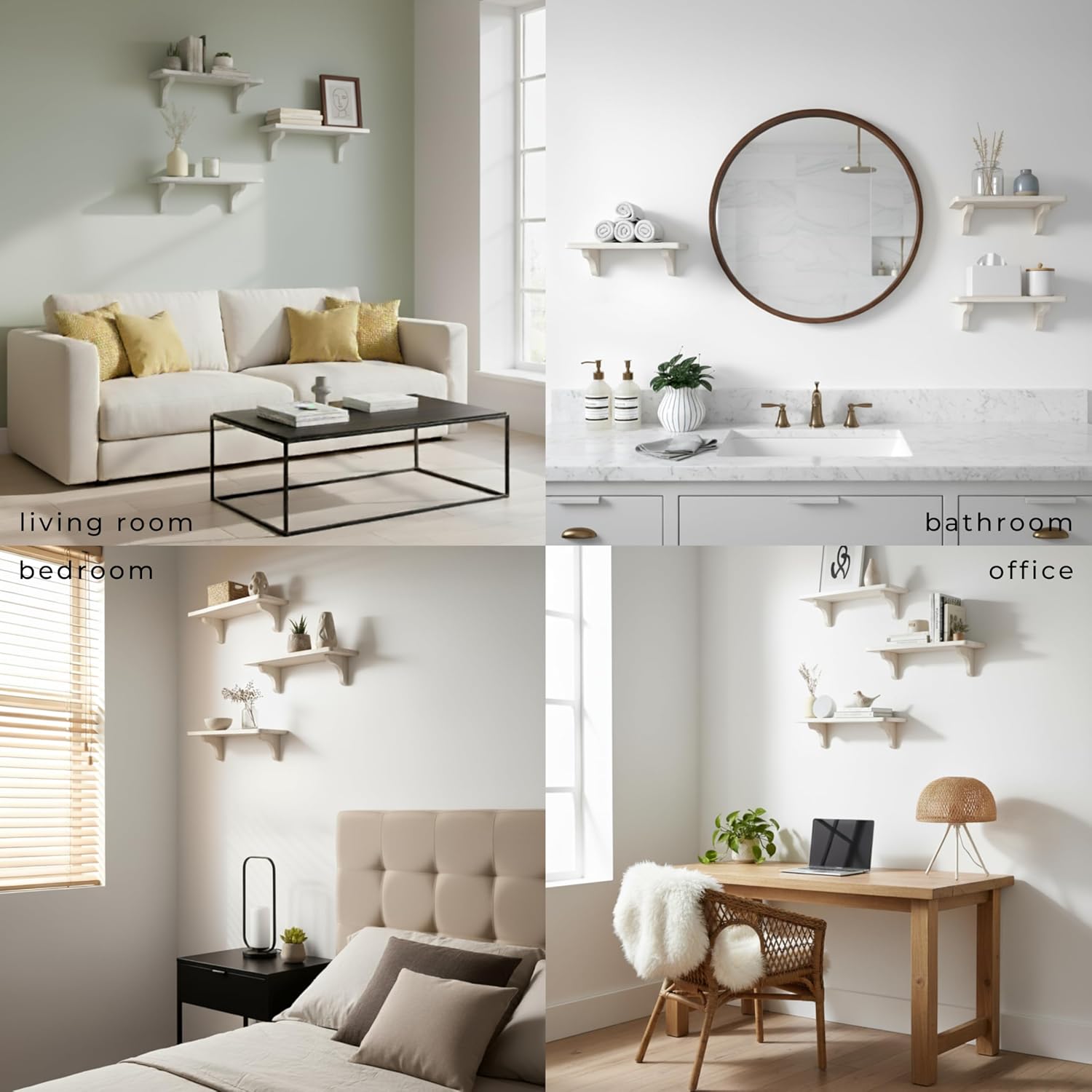 Real Wood White Shelves for Wall - 17 inch (3 Pack) - Easy to Install, Template and Video Included - White Wall Shelves, Shelves for Room, Decorative Wall Shelf