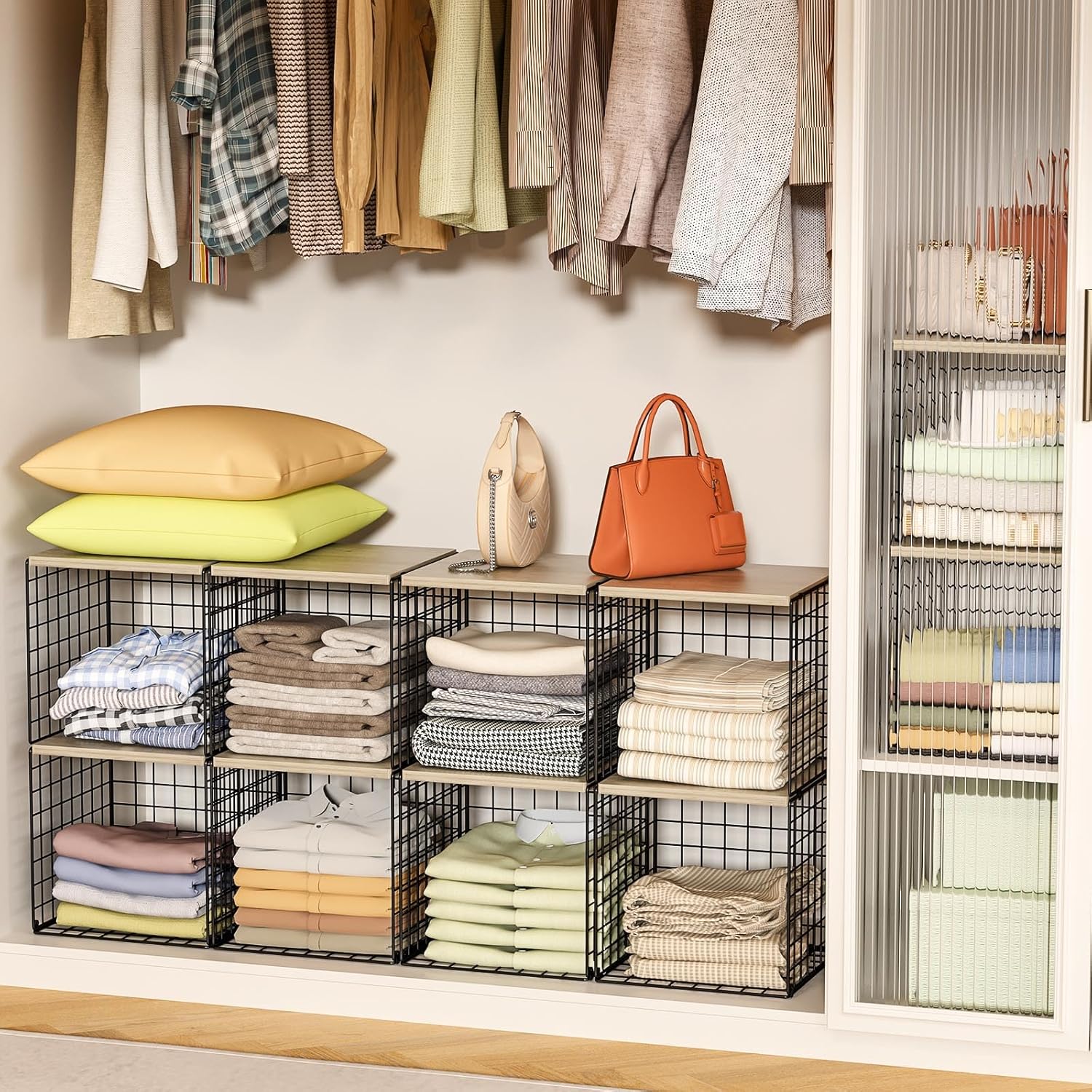 4-Tier Stackable Closet Organizers and Storage, Dual-Layer Reinforced Clothing Cube Shelves with Wood Tops, Sturdy Clothes Storage Bins & Shelf Basket for Wardrobe, Closet Organizer System