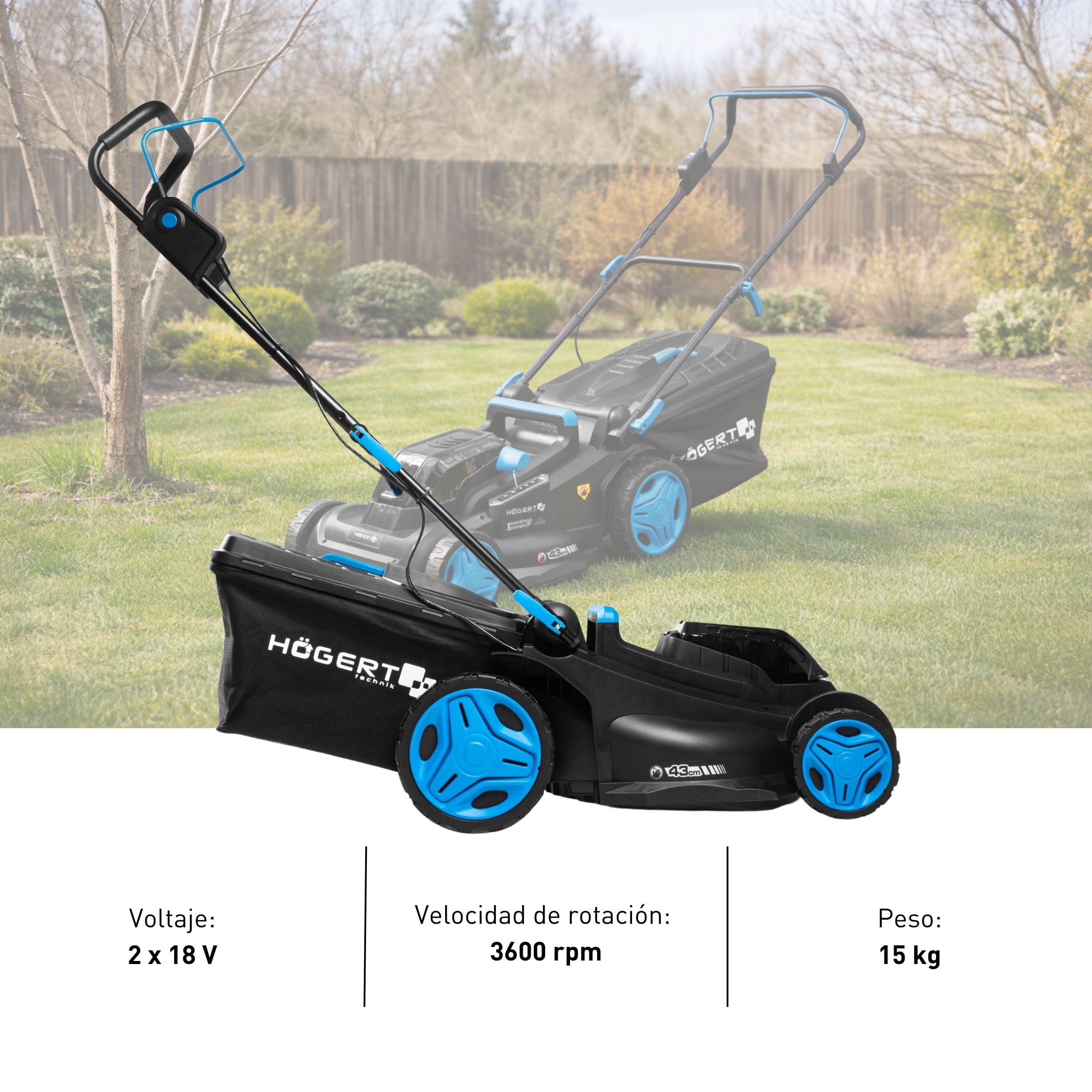 HÖGERT TECHNIK - Set cortacésped con batería 43 cm 2x18V con Taladro Atornillador 50 NM, 2X baterías de 4,0 Ah y Cargador Duo, cortacésped eléctrico sin escobillas Set Completo para jardín y Taller