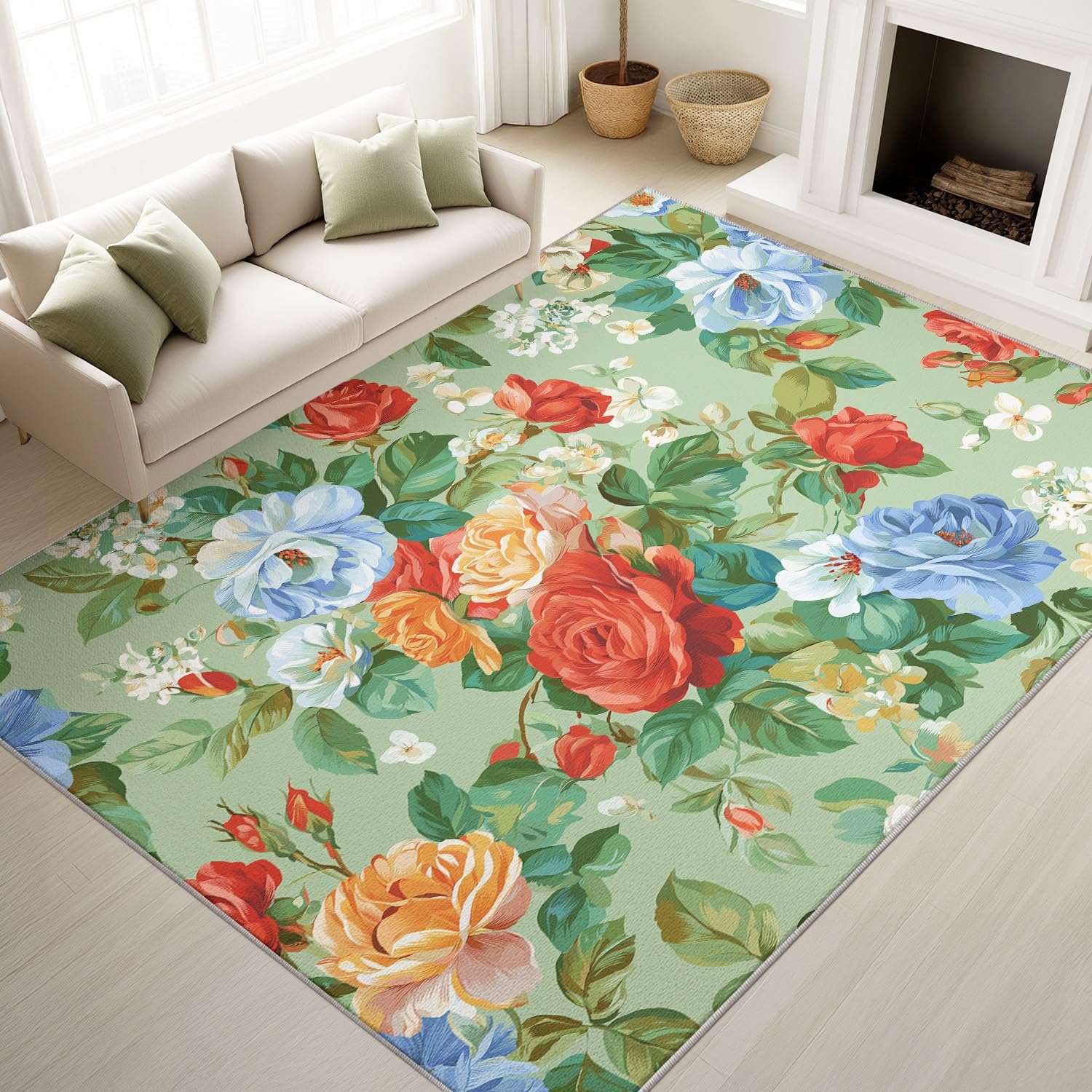 Tapis de salon lavable et antidérapant motif fleur rétro rose vert