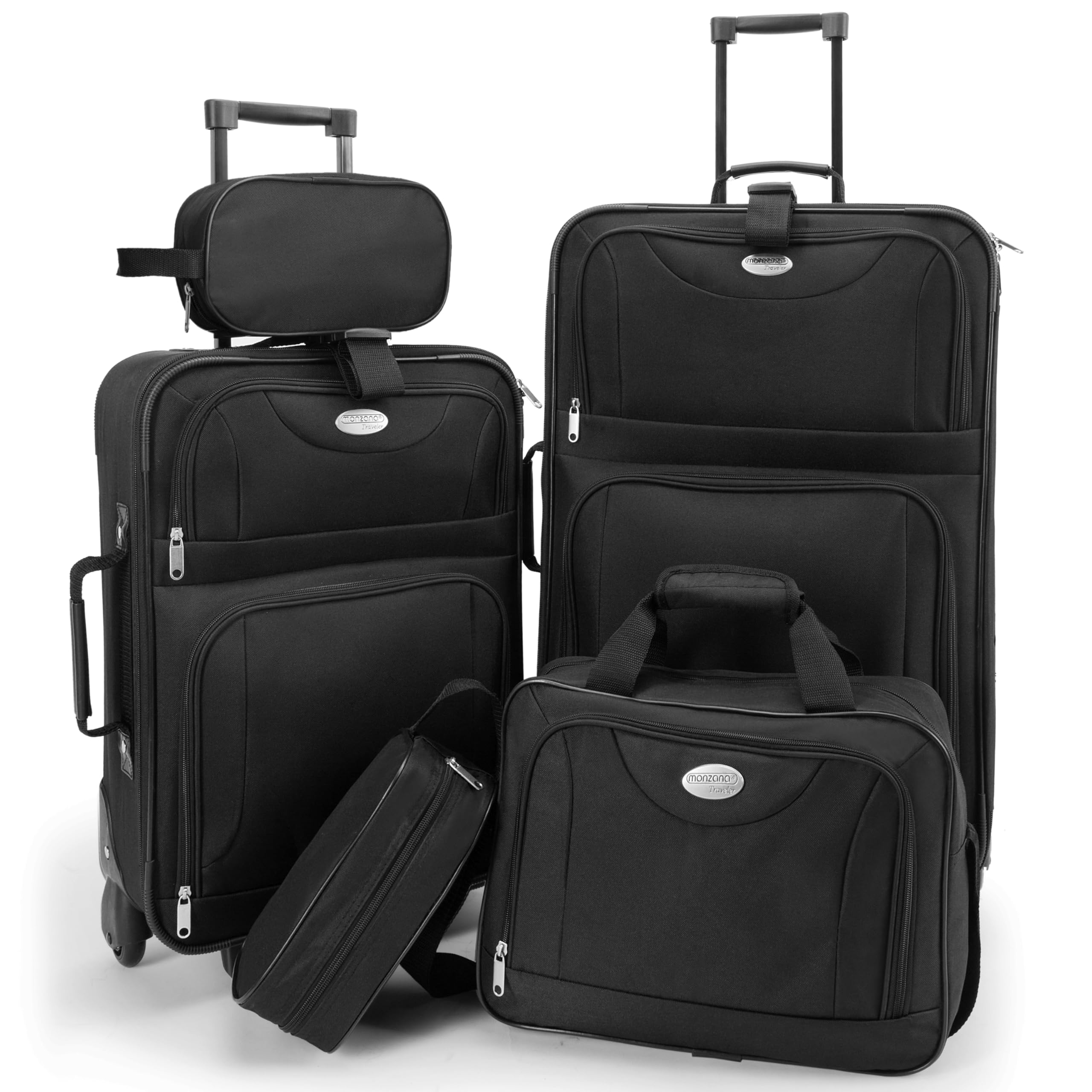 MONZANA® Trolley Kofferset Reisetaschen Set Kulturbeutel Netzfach Rollen Teleskopgriff Koffer Reisetasche mit Rollen schwarz