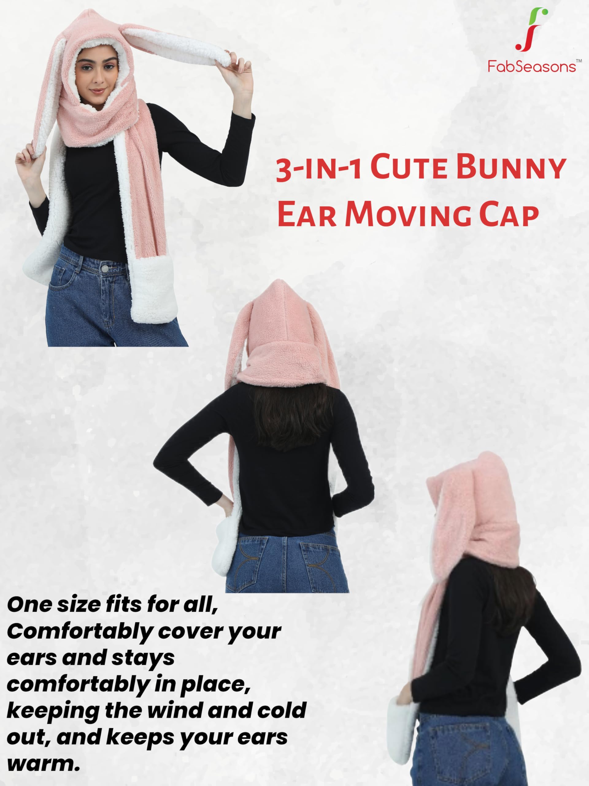 FabSeasons 3-in-1 Cute Bunny Ear Moving Cap β Plush Hat/Cap, Scarf, and Gloves Set for Women & Girls (10 years and Above) | Adorable Pop-Up Ears | Hooded Shawl with Pockets 1