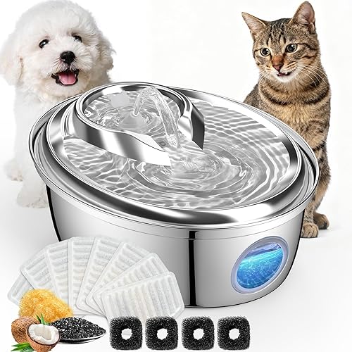 ORSDA Fuente de agua de acero inoxidable para gatos, fuente automática de bebida para mascotas de 100 onzas/3 L, tazón dispensador de agua para