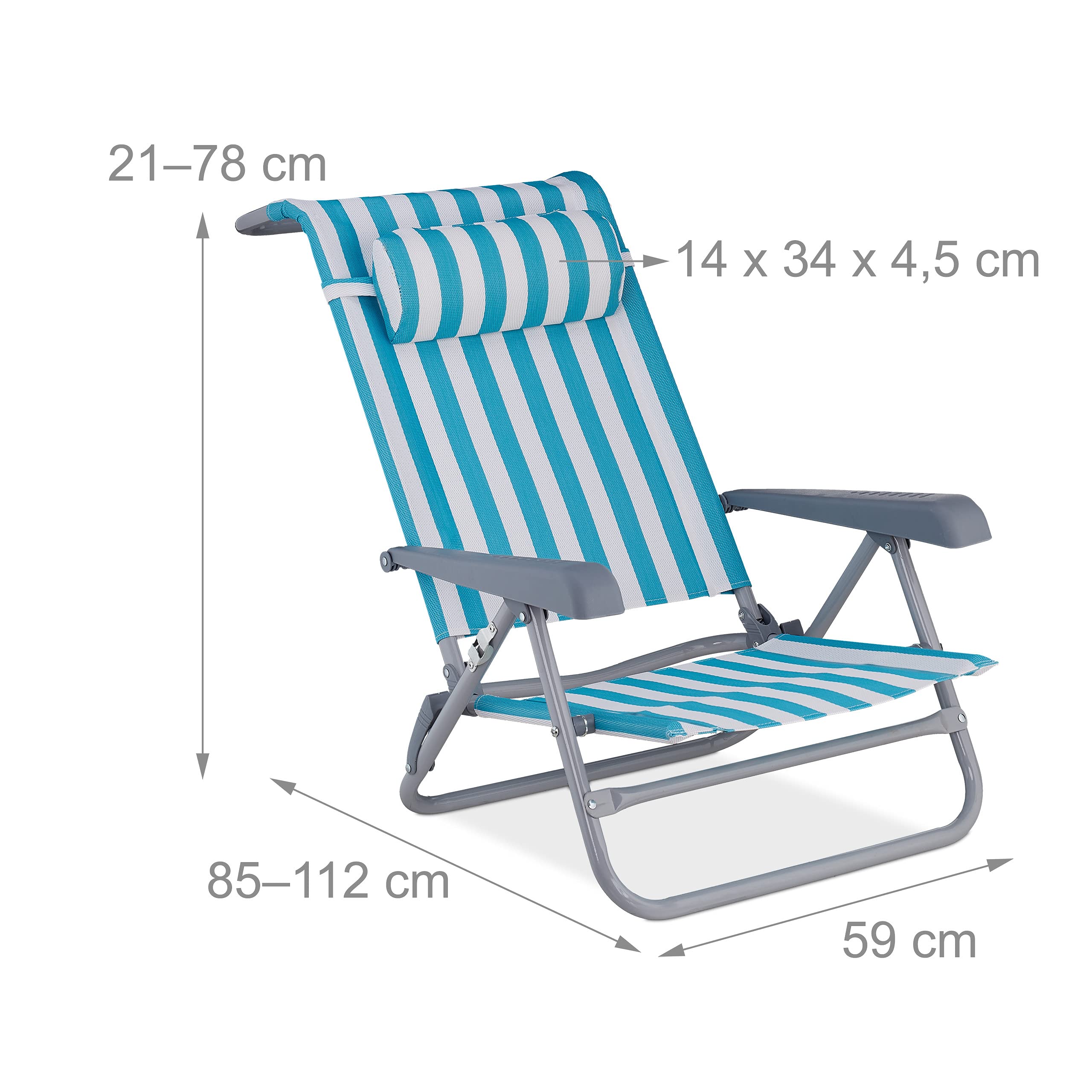 Relaxdays Sedia Sdraio Pieghevole, Regolabile su 8 Livelli, Poggia-Testa Braccioli e Apribottiglie Laterale, Blu Bianco