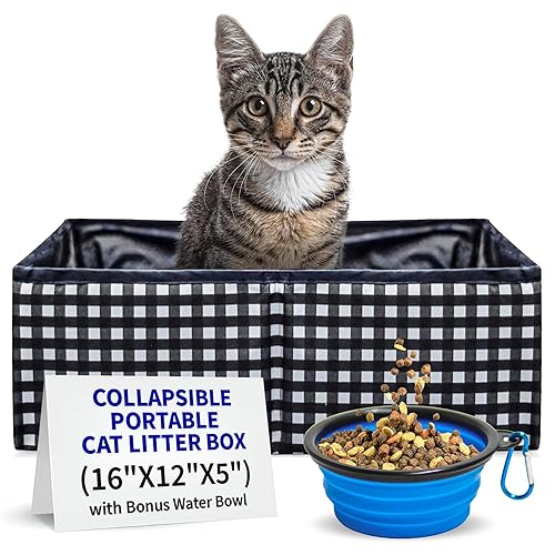 Pet Fit For Life - Vibrant Collapsible Travel Cat Litter Box - Portable, Foldable, Compact Design with Bonus Water Bowl - Ideal for Car & Camping - Reusable, Cats Safe - Black, (16"x12"x5") - Black