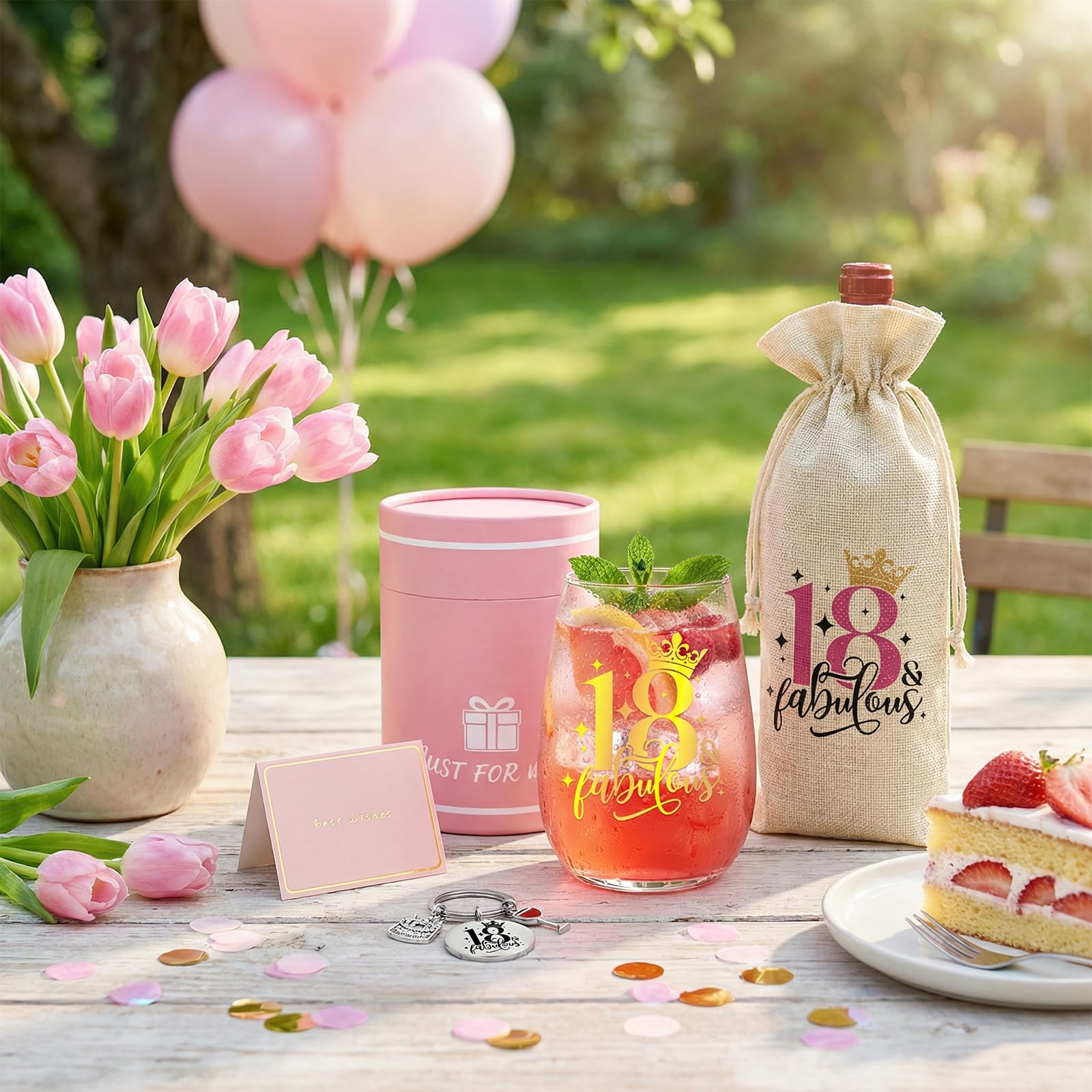Geschenke zum 18. Geburtstag für Mädchen und sie, personalisiertes Weinglas mit Flaschentasche, Schlüsselanhänger und Karte, Weingläser-Set zum 18. Geburtstag, für Jahrestag, beste Freundin