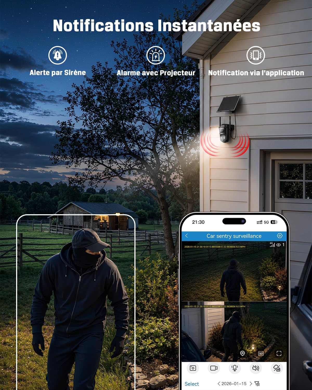 Xega 4G LTE Caméra Solaire Double Objectif avec Carte SIM Extérieure