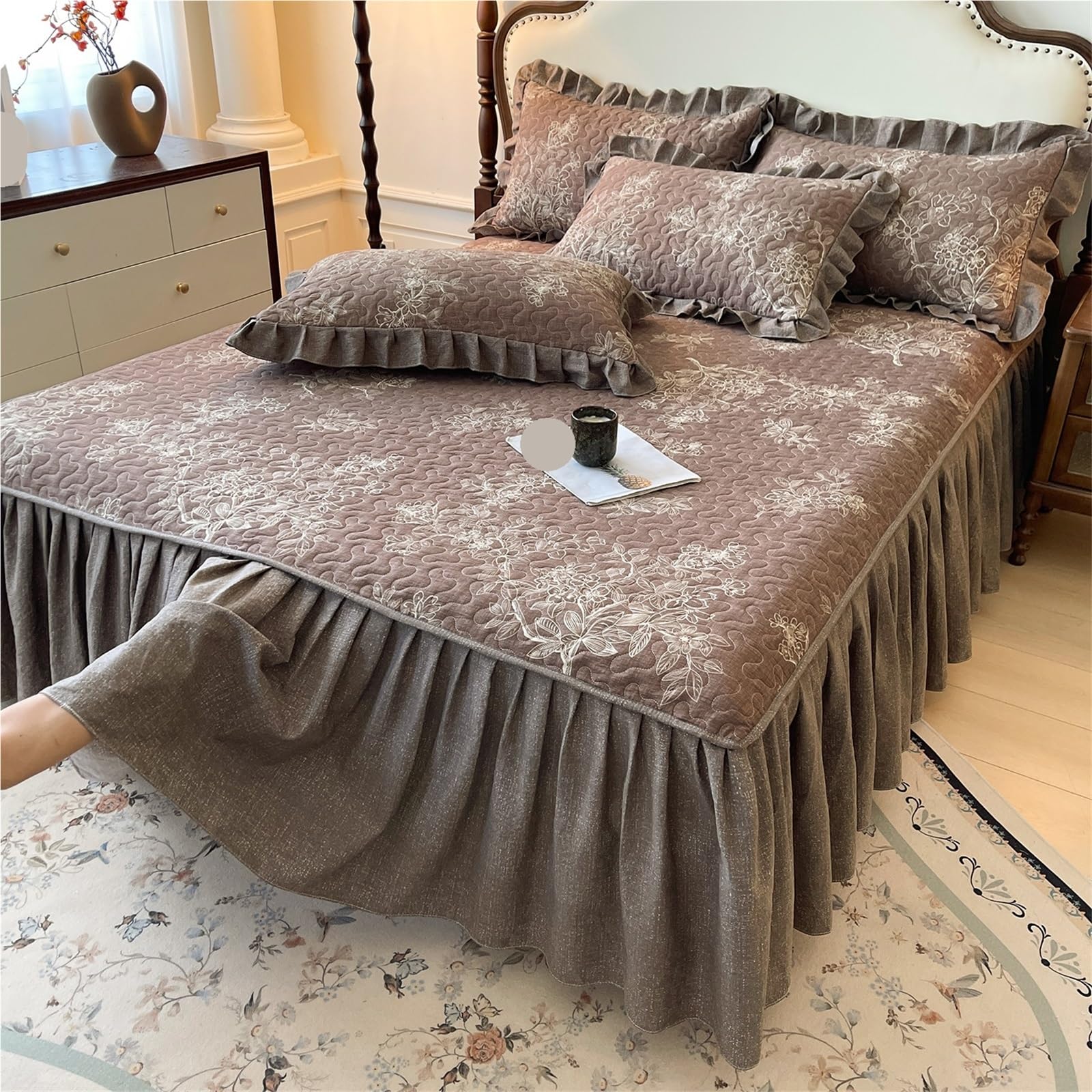 Bed Skirt 1pc Soft Bed Skirt Thicken Bedspread Ruffles Cover Plant Print Linen For Home Falda De Cama (No Pillowcase)(G,Queen 150x200cm 1pc)
