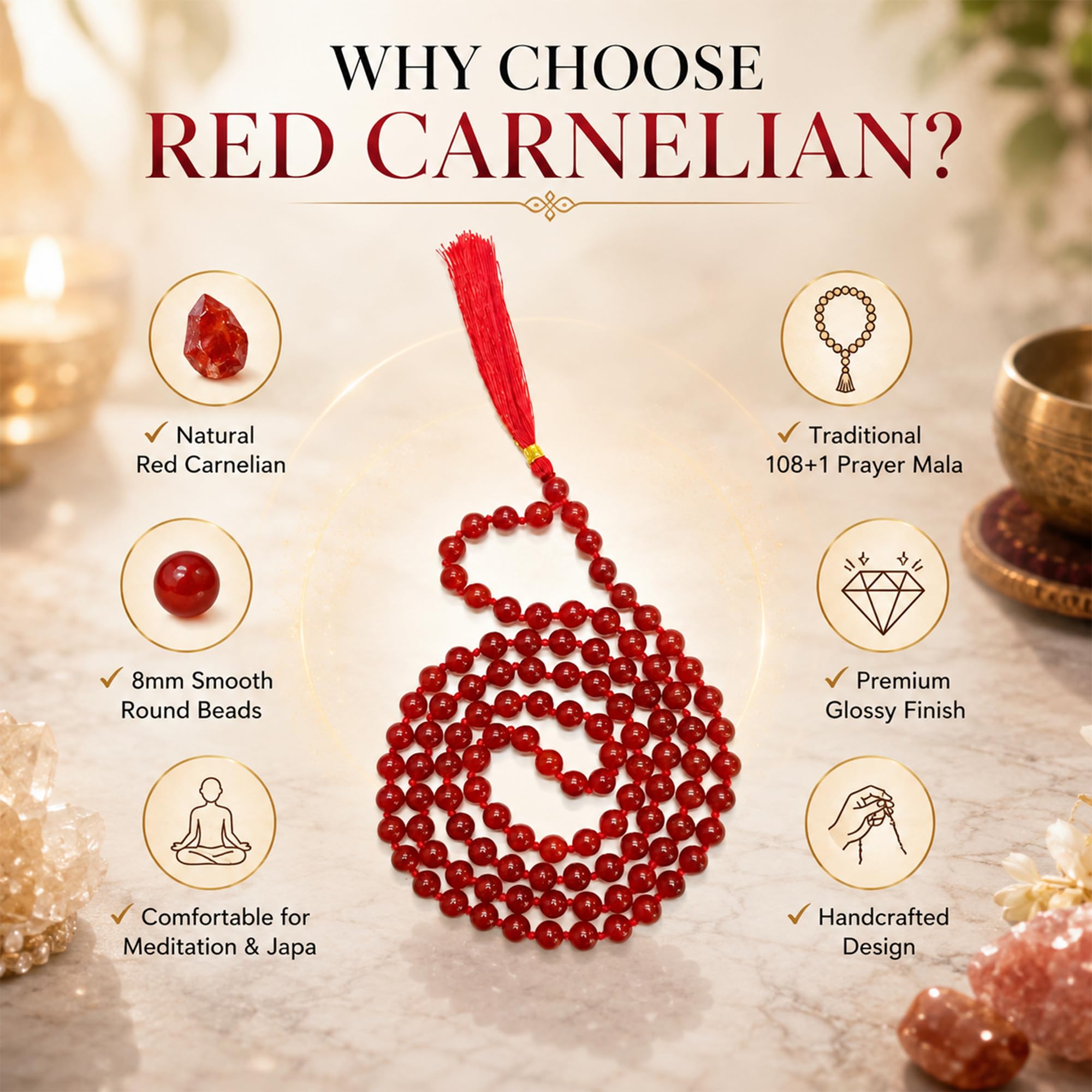 REBUY Carnelian Mala Crystal Healing Stone Mala 108+1 Prayer Beads For Men and Women, Bead Size 8 mm 1