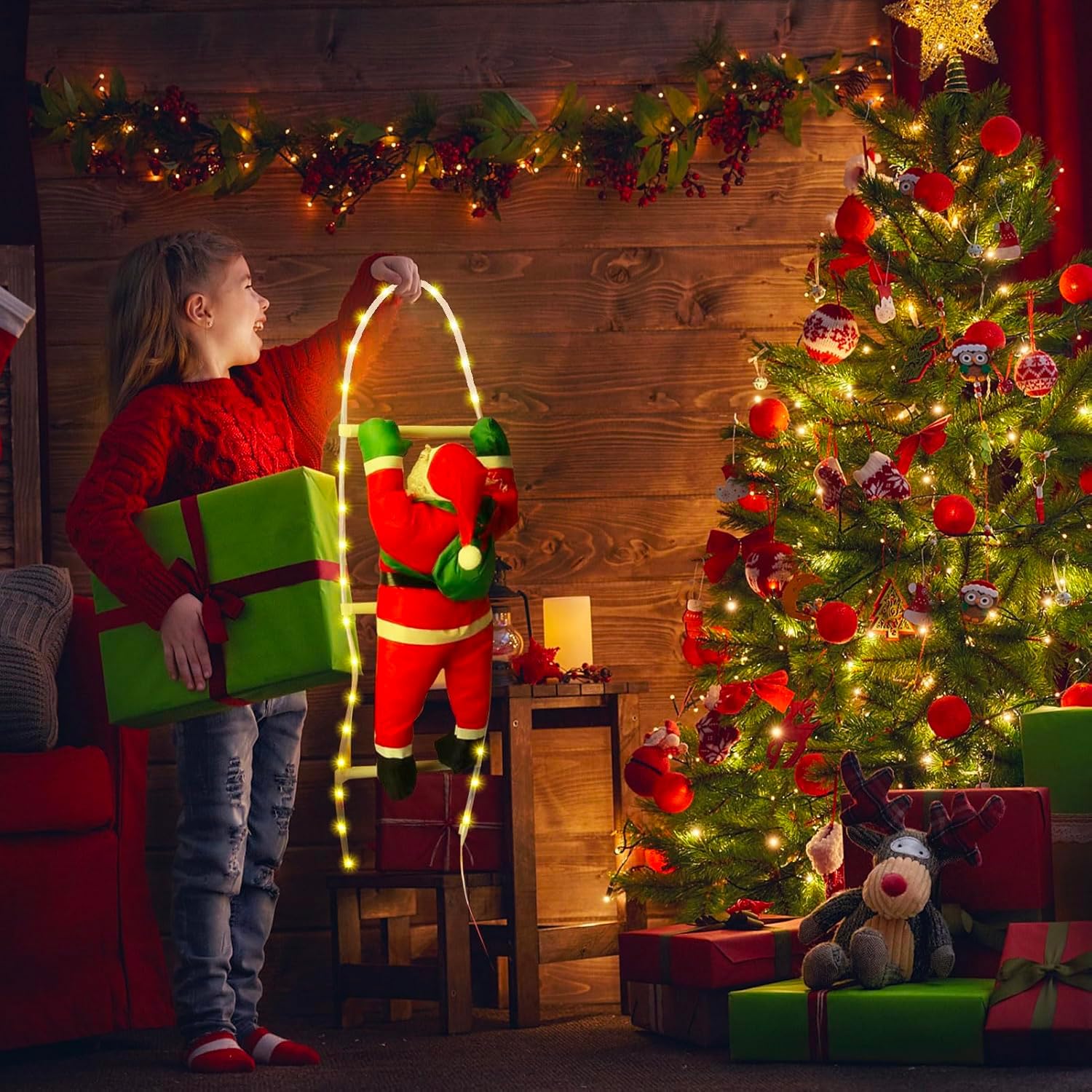 Avilia Decoración navideña de Papá Noel Rojo en Escalera Luminosa de LED 38 x 140 cm – Ideal para adornar Tanto Exteriores como Interiores y como Idea de Regalo – Fabricado en plástico Resistente y