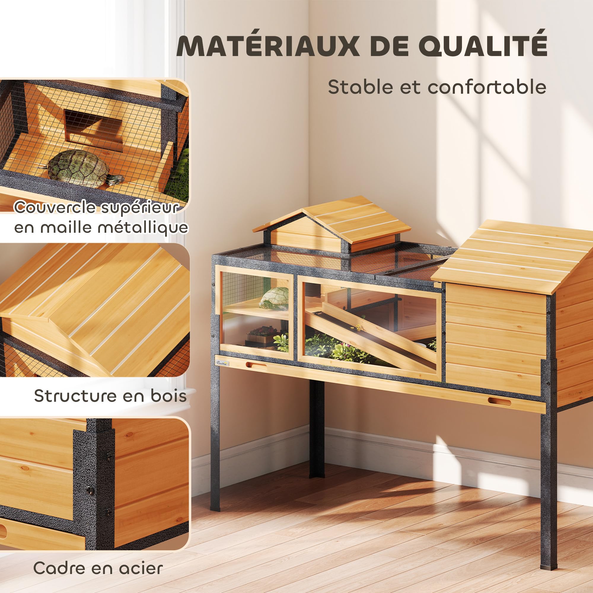 PawHut Maison pour Tortues, Habitat en Bois à 2 étages avec 2 Chambres, enclos intérieur extérieur avec rampes, Toit ouvrable et Plateau, Grande Cage pour Reptiles, 128x63x96cm, Jaune