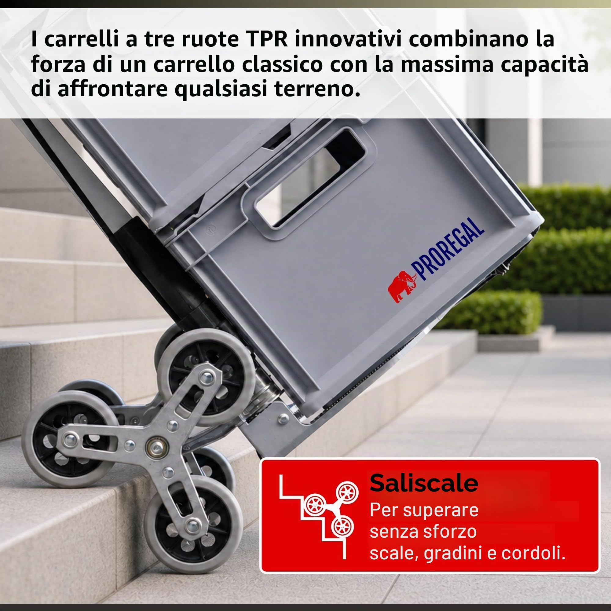 PROREGAL Carrello saliscale pieghevole ELEPHANT | AxLxP 110x45x48cm | Portata 70kg | Cornice in alluminio, maniglie ergonomiche, Ruote in gomma dura TPR | Silber