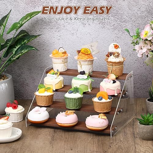 Miniatura 6 de Queekay Paquete de 4 soportes de exhibición de madera acrílica, estante de exhibición escalonado de madera, estantes organizadores de acrílico