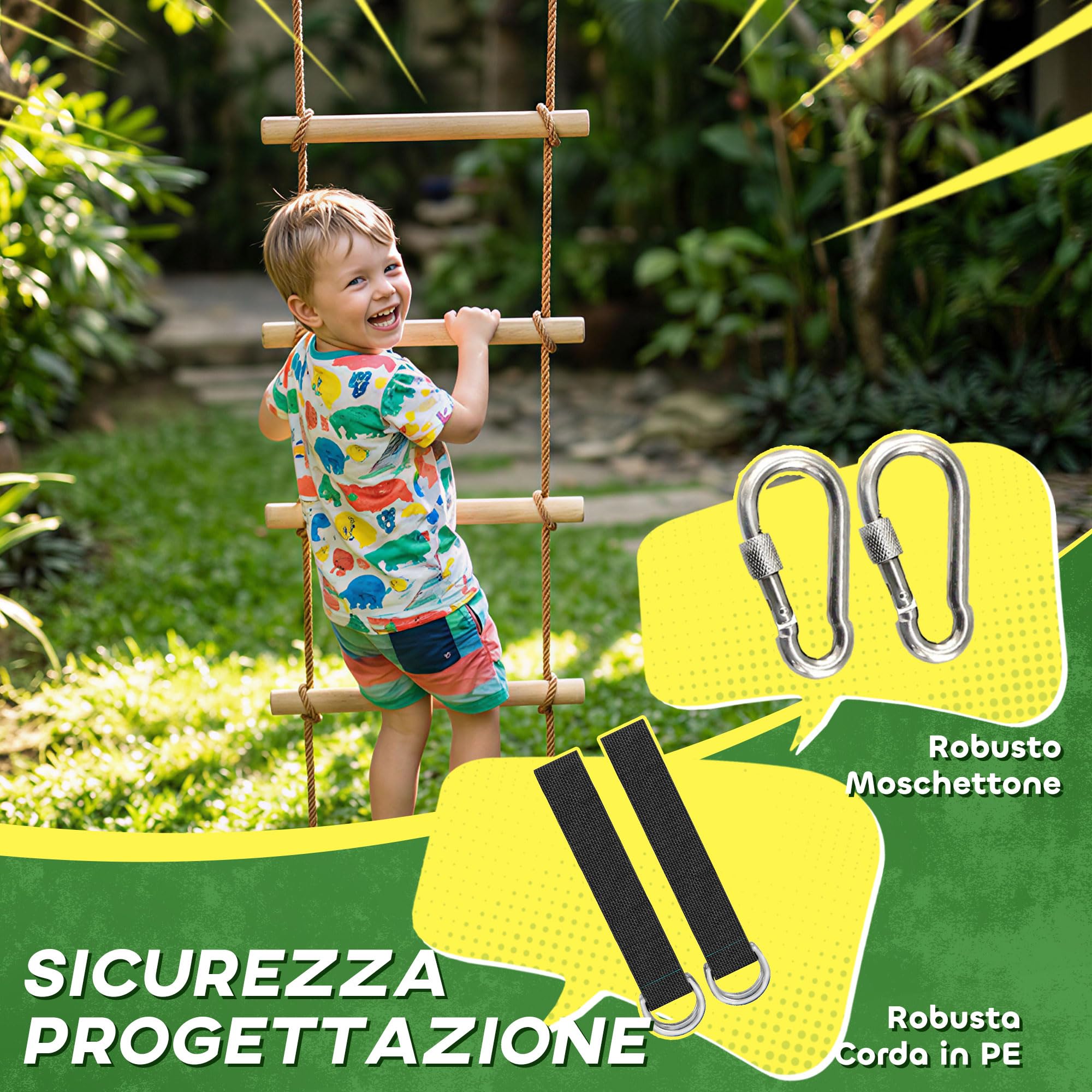 AIYAPLAY Scala di Corda 1.8m, Accessori per Altalene, Corda per Parco Giochi Esterno, Arrampicata a 5 Pioli per Bambini con 2 Moschettoni e 2 Cinghie per Alberi