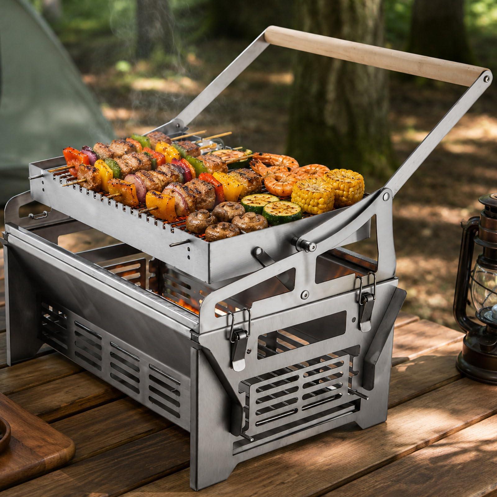 Barbecue da Tavolo Portatile con Cestello di Cottura Rotante e Rimovibile | I componenti separabili occupano poco spazio nel bagaglio per spiaggia, weekend, picnic e lunghi viaggi in automobile.