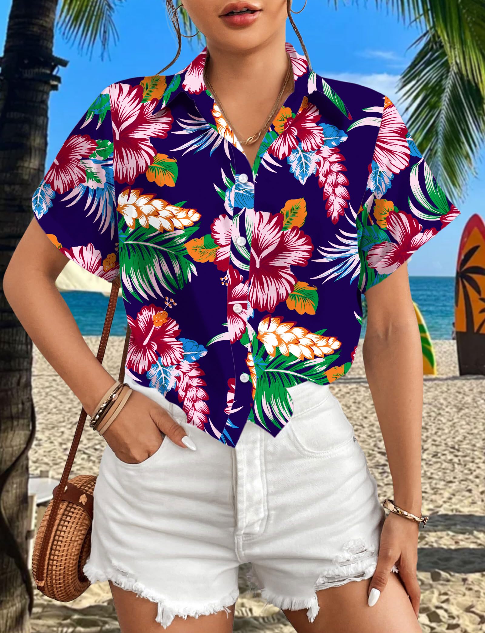 tiorhooe Camisas hawaianas para mujer, diseño de árbol tropical, de manga corta, con botones, para verano, playa, vacaciones