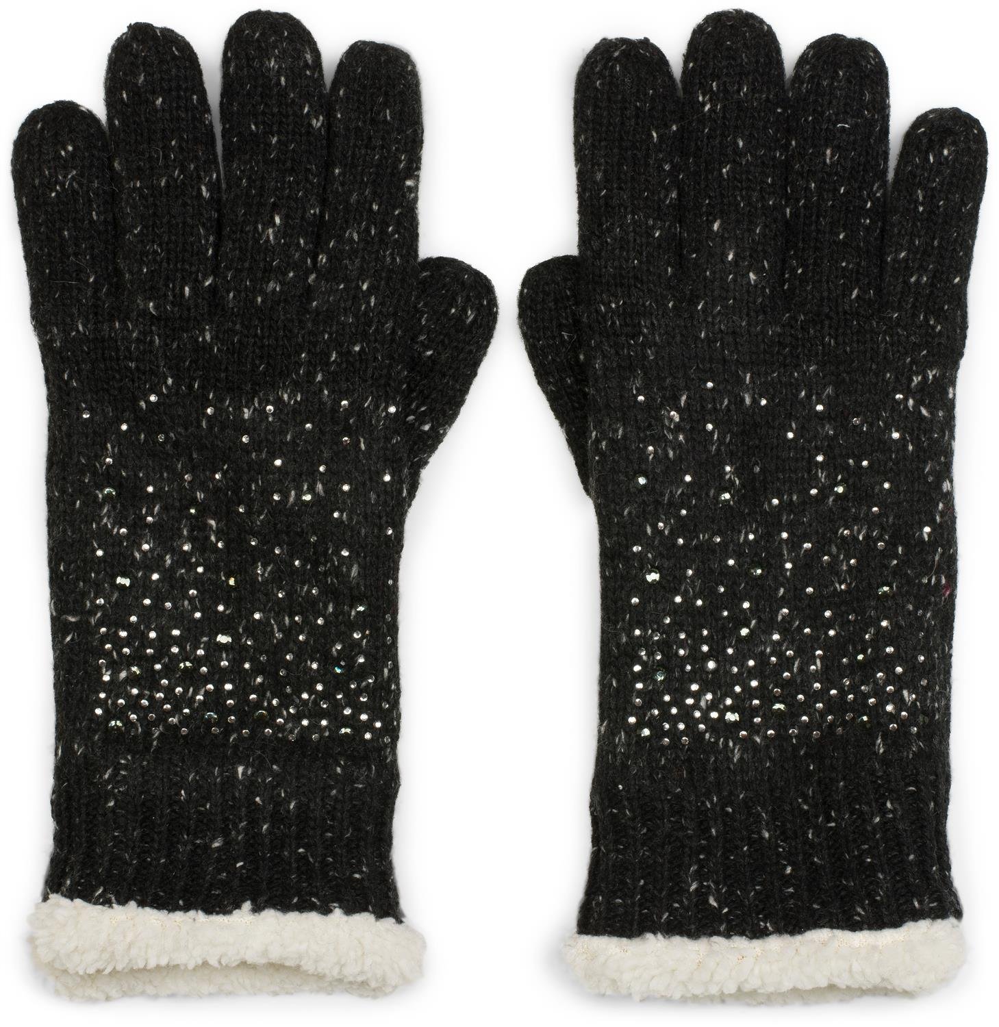 styleBREAKER warm gloves with rhinestone and fleece, winter knitted gloves, ladies 09010010, Colour:Mottled Black