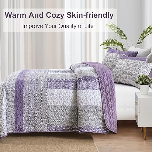 Miniatura 4 de WONGS BEDDING Juego de edredón morado tamaño Queen, juego de edredón bohemio a rayas de 3 piezas, juego de edredón acolchado bohemio de microfibra