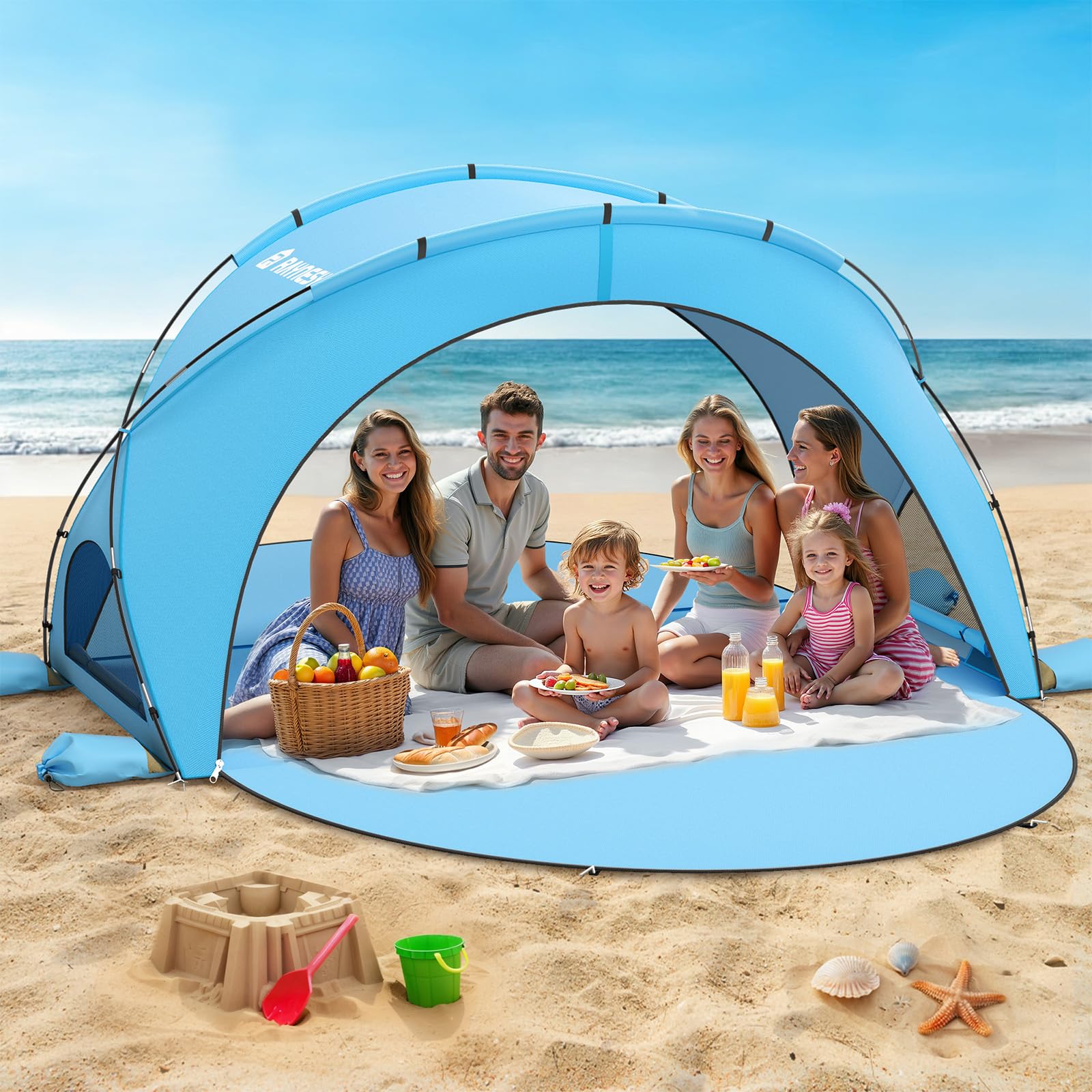 Raynesys Namiot plażowy, schronienie przeciwsłoneczne, dla 1-6 osób, namiot plażowy z 2 drzwiami zapinanymi na zamek błyskawiczny, przenośny namiot na kemping, wędkowanie, niebieski